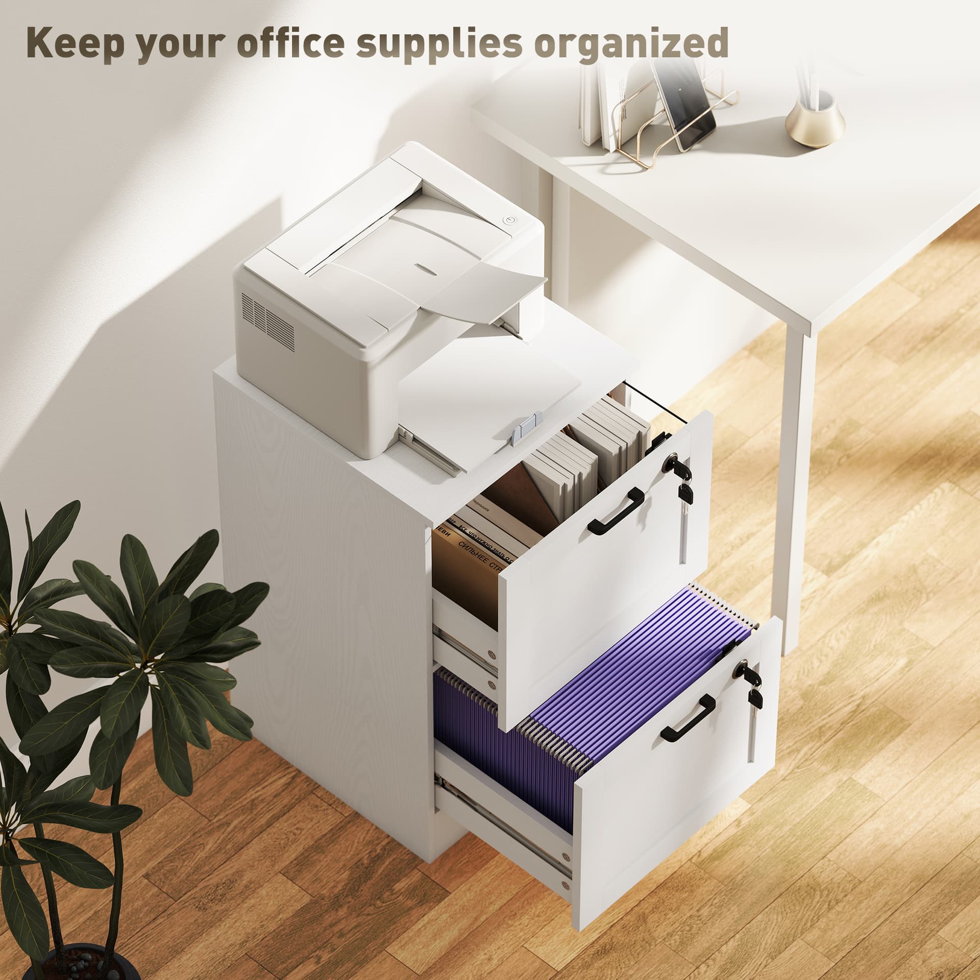 Vertical Filing Cabinet with 2 Drawers, Lock, File Cabinet for Home Office, A4 and Letter Size Files, White