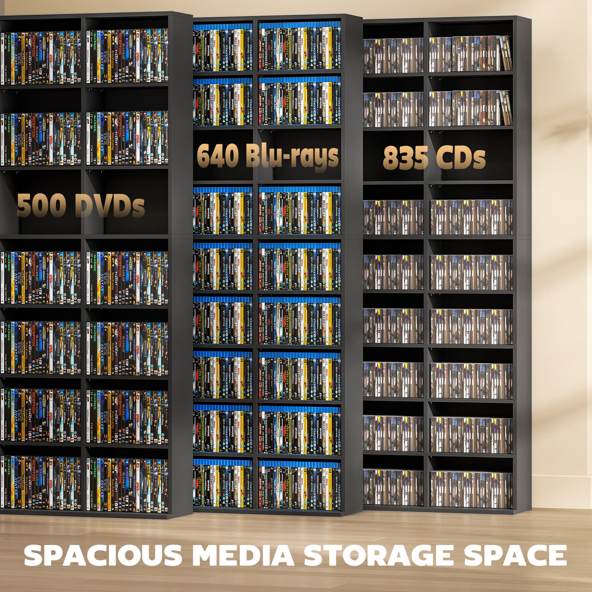 Media Storage Cabinet, 9-Tier DVD Shelf with 21 Adjustable Shelves, Holds 835 CDs, 500 DVDs or 640 Blu-rays, Black