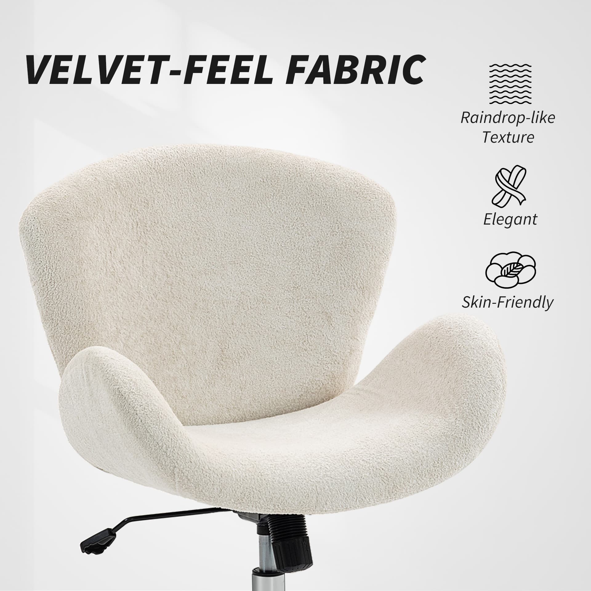 Swivel Office Chair, Velvet Desk Chair with Wide Bucket Seat, Butterfly Back, Tilt Function and Round Base, Cream White