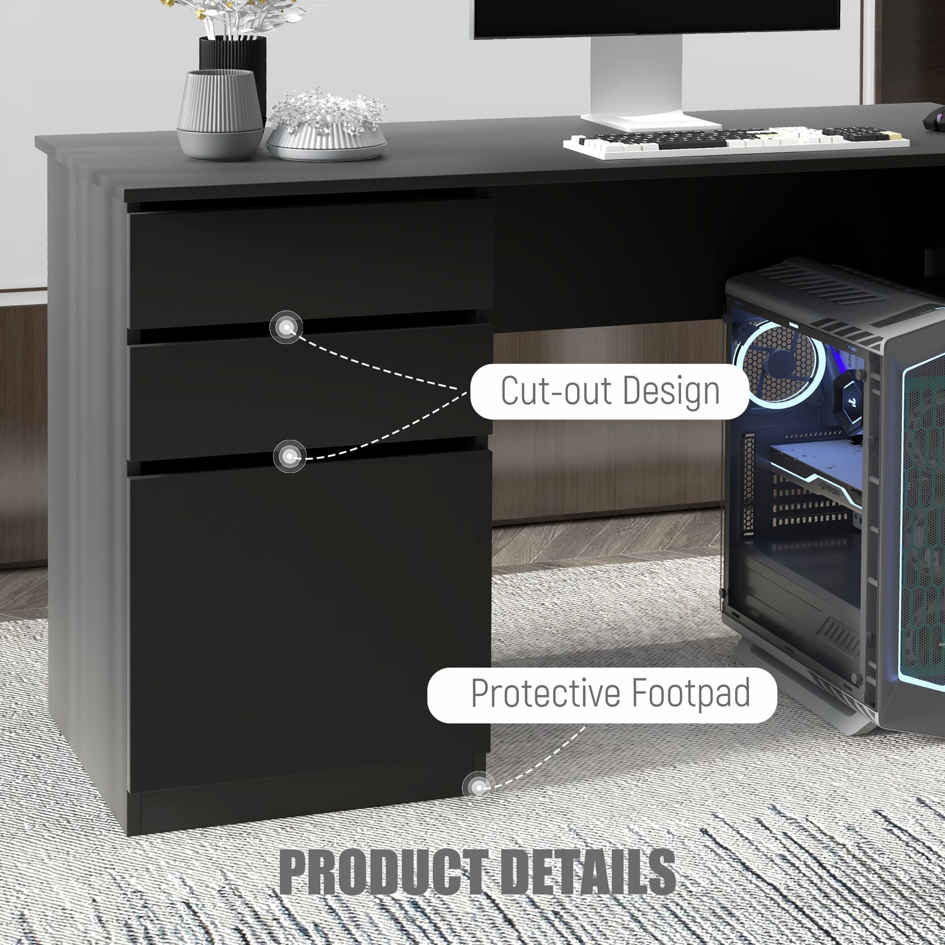 Computer Desk with Storage, PC Table with Drawers and Cabinet for Home Office, Study Room, Black