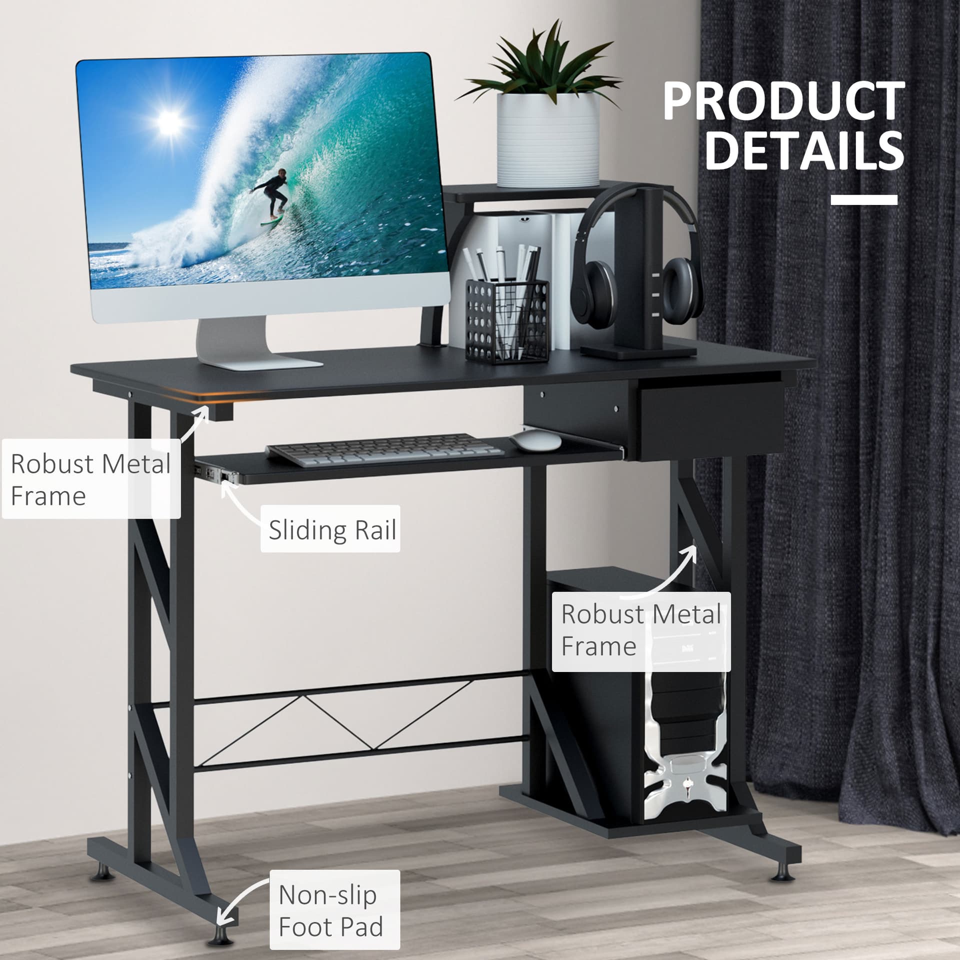 Computer Desk with Keyboard Tray, Writing Desk with Drawer, Workstation for Home Office, Black (35.4"Lx19.7"Wx39.4"H)