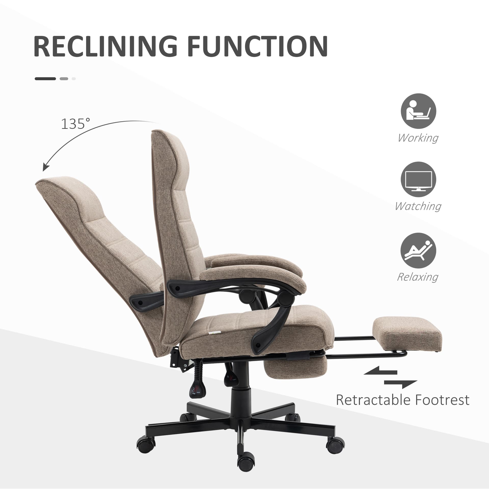 Office Chair, Linen High Back Computer Desk Chair, Swivel Recliner with Adjustable Height, Footrest and Padded Armrest, Brown