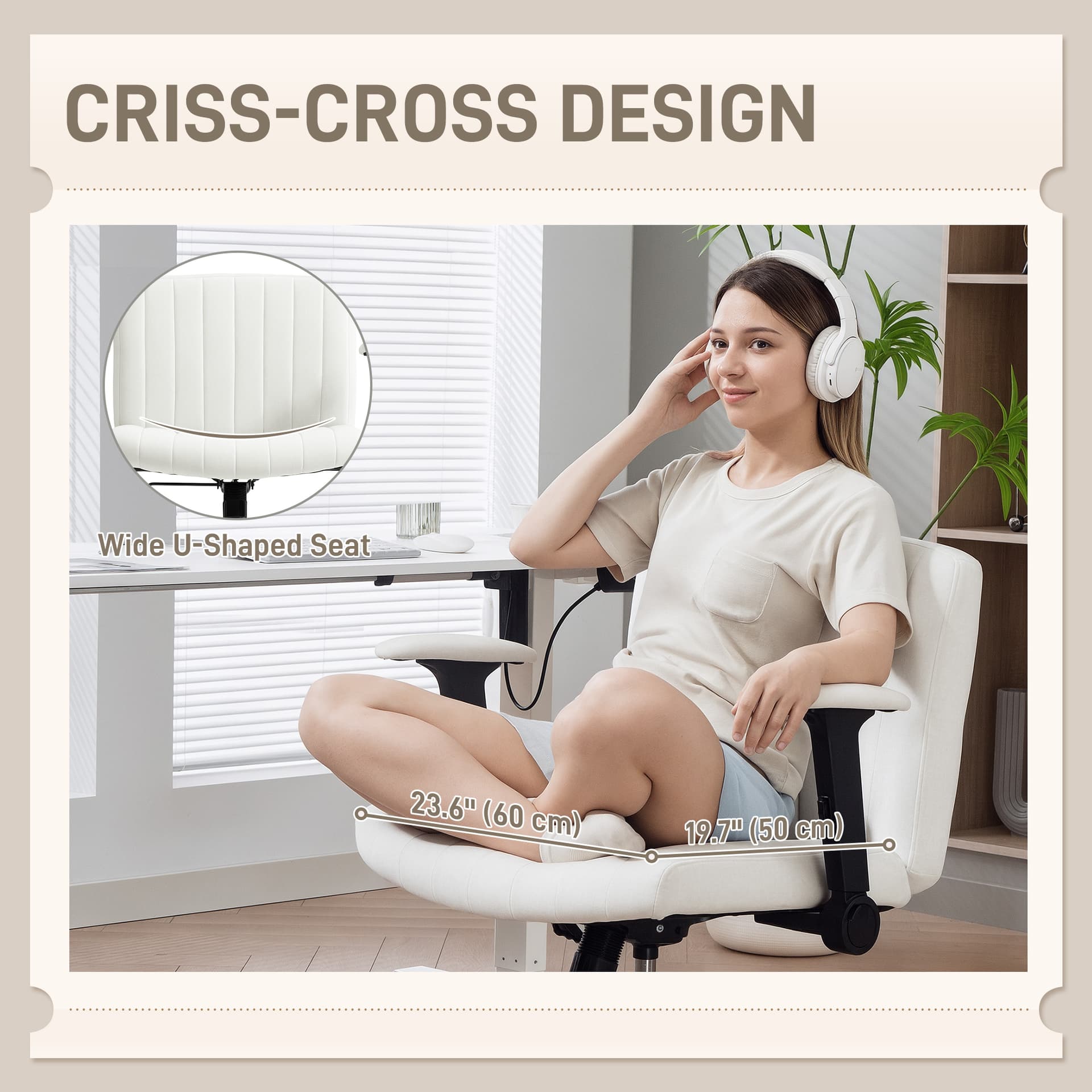 Criss Cross Chair with Flip-up Armrests, Wide Office Chair with Adjustable Height, Tilting, No Wheels, Beige