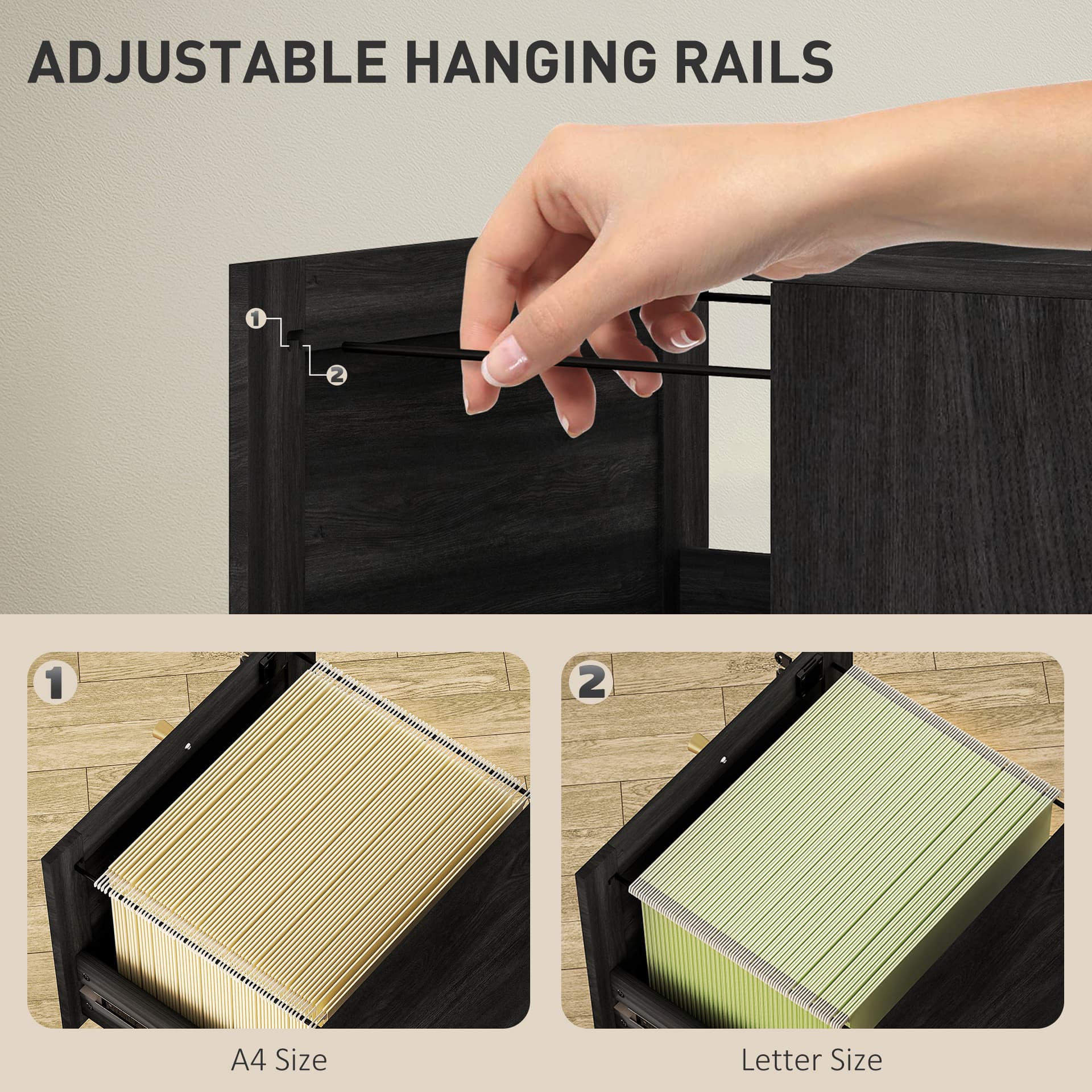 3 Drawer Filing Cabinet with Lock, Boho File Cabinet for A4 Letter Size Files with Decorative Rattan Accents, Black