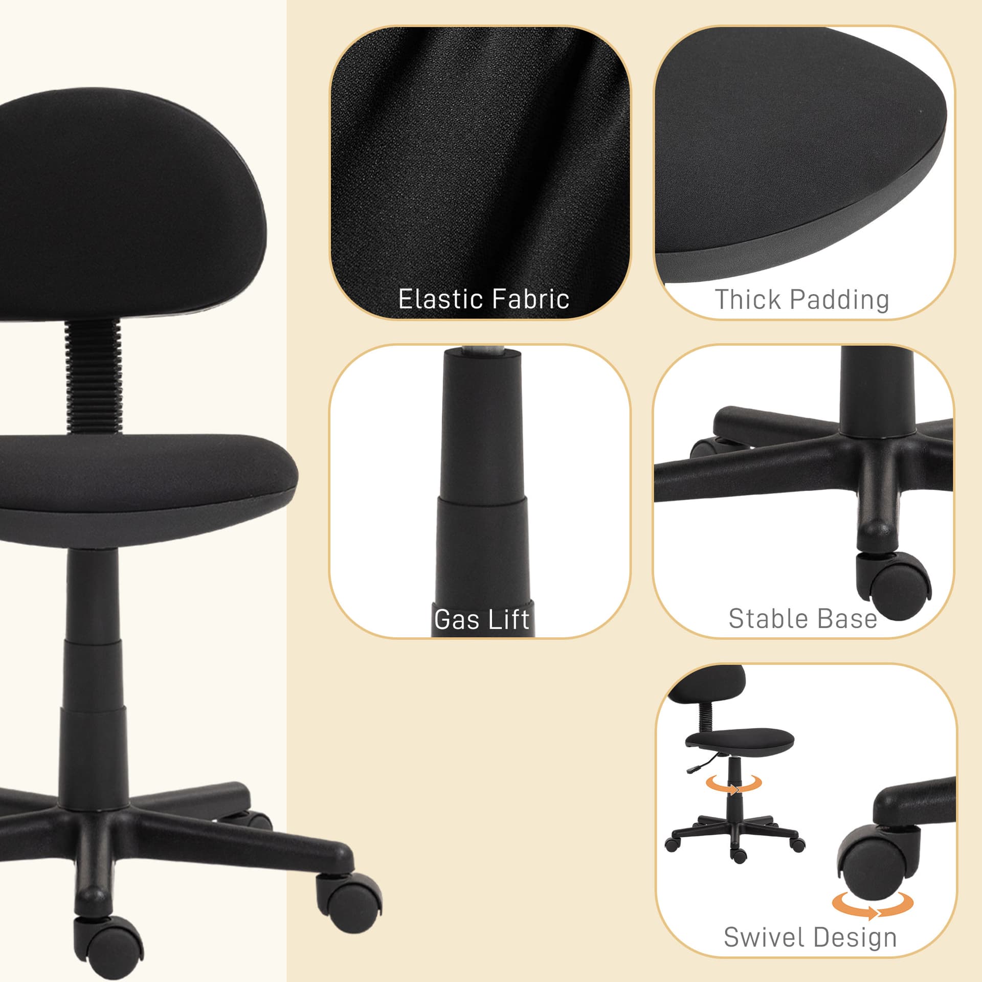 Small Desk Chair, Armless Office Chair with Adjustable Height, 360° Swivel Wheels, Low Back for Small Spaces, Black
