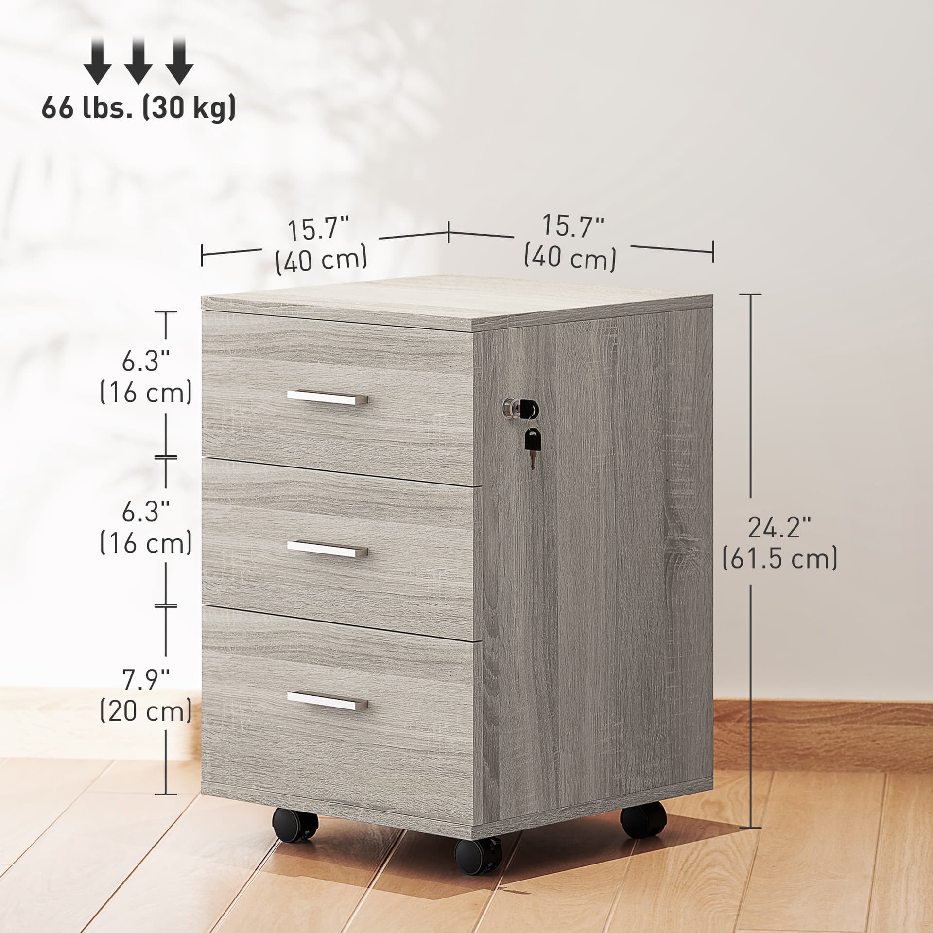 Mobile Filing Cabinet with Wheels, 3 Drawer File Cabinet with Lock and Keys for Home Office, Grey Wood Grain