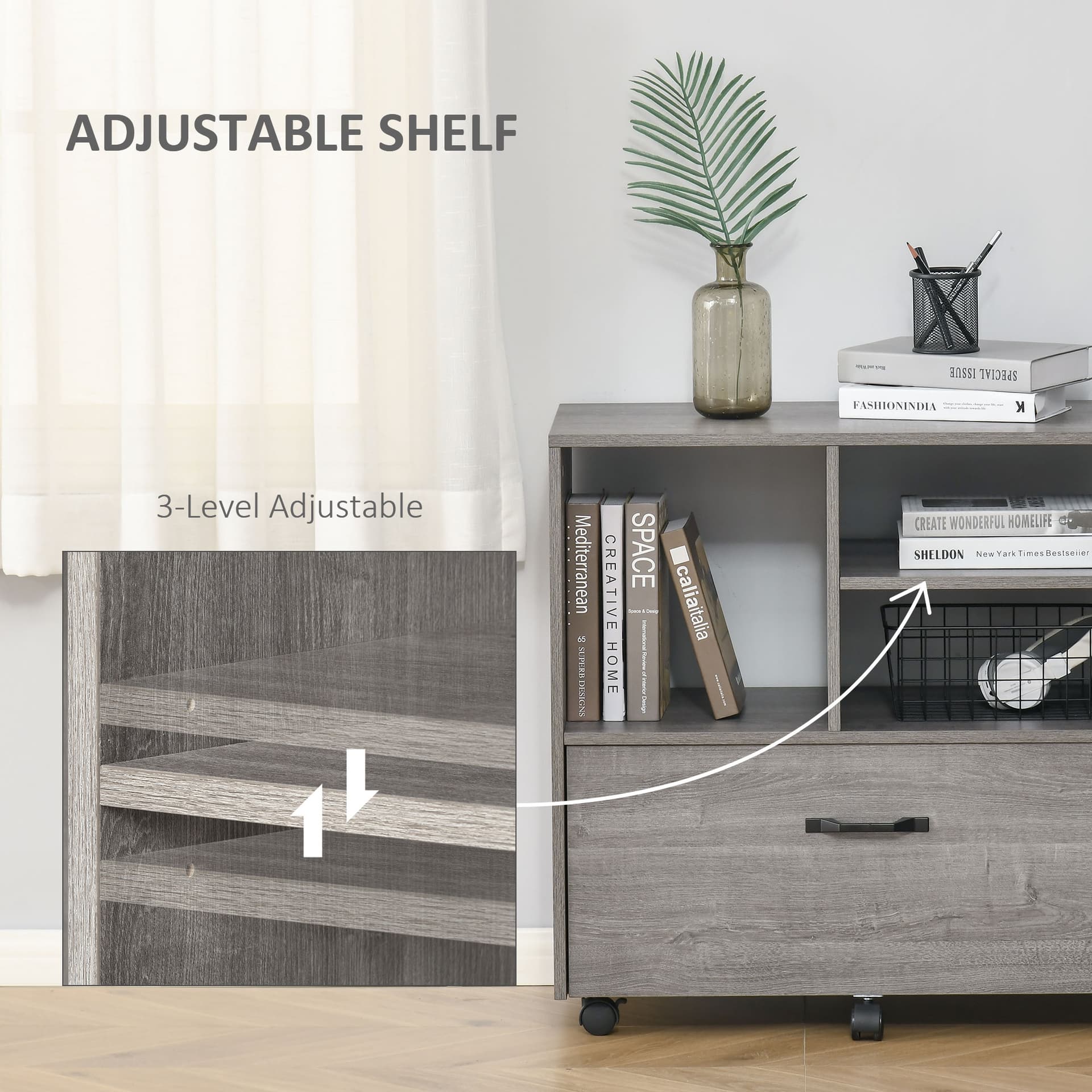 Lateral Filing Cabinet with Open Storage Shelf, Printer Stand, Mobile Office File Cabinet with Wheels for Letter and Legal Sized Files, Grey