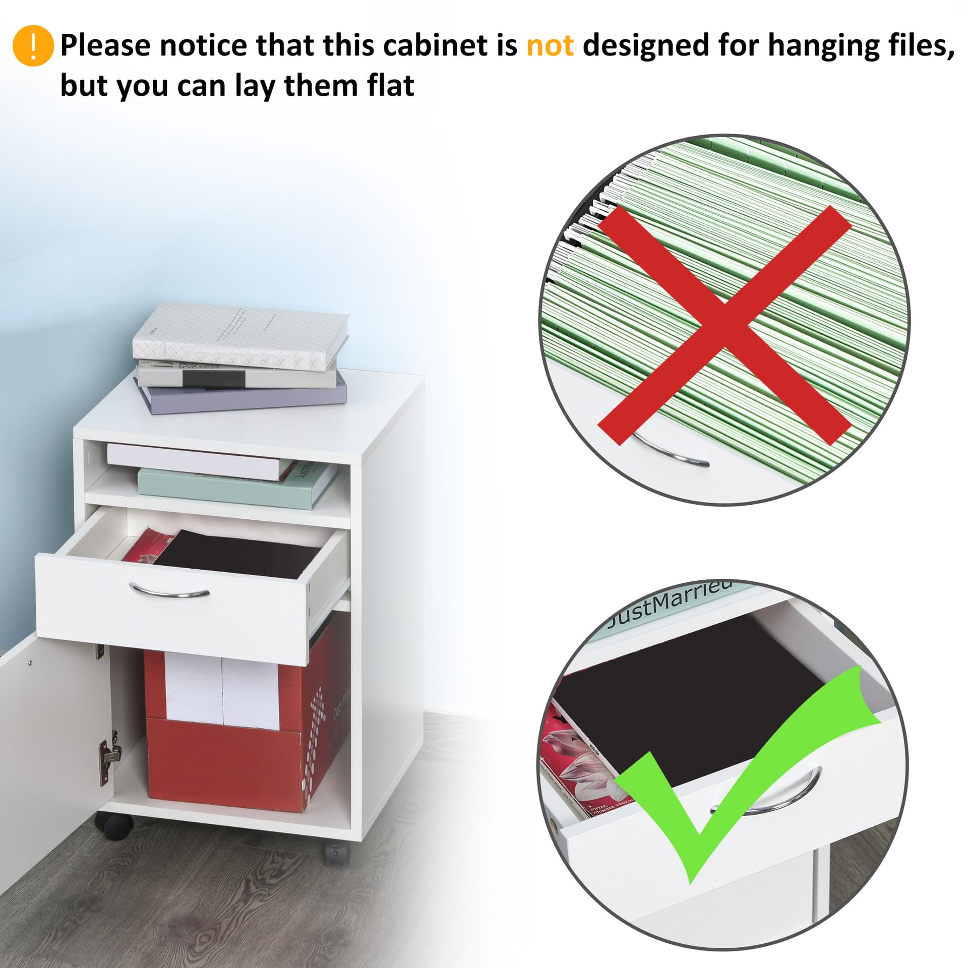 24" Small Filing Cabinet with Open Compartment, Drawer and Wheels, Home Office Storage Cabinet, White