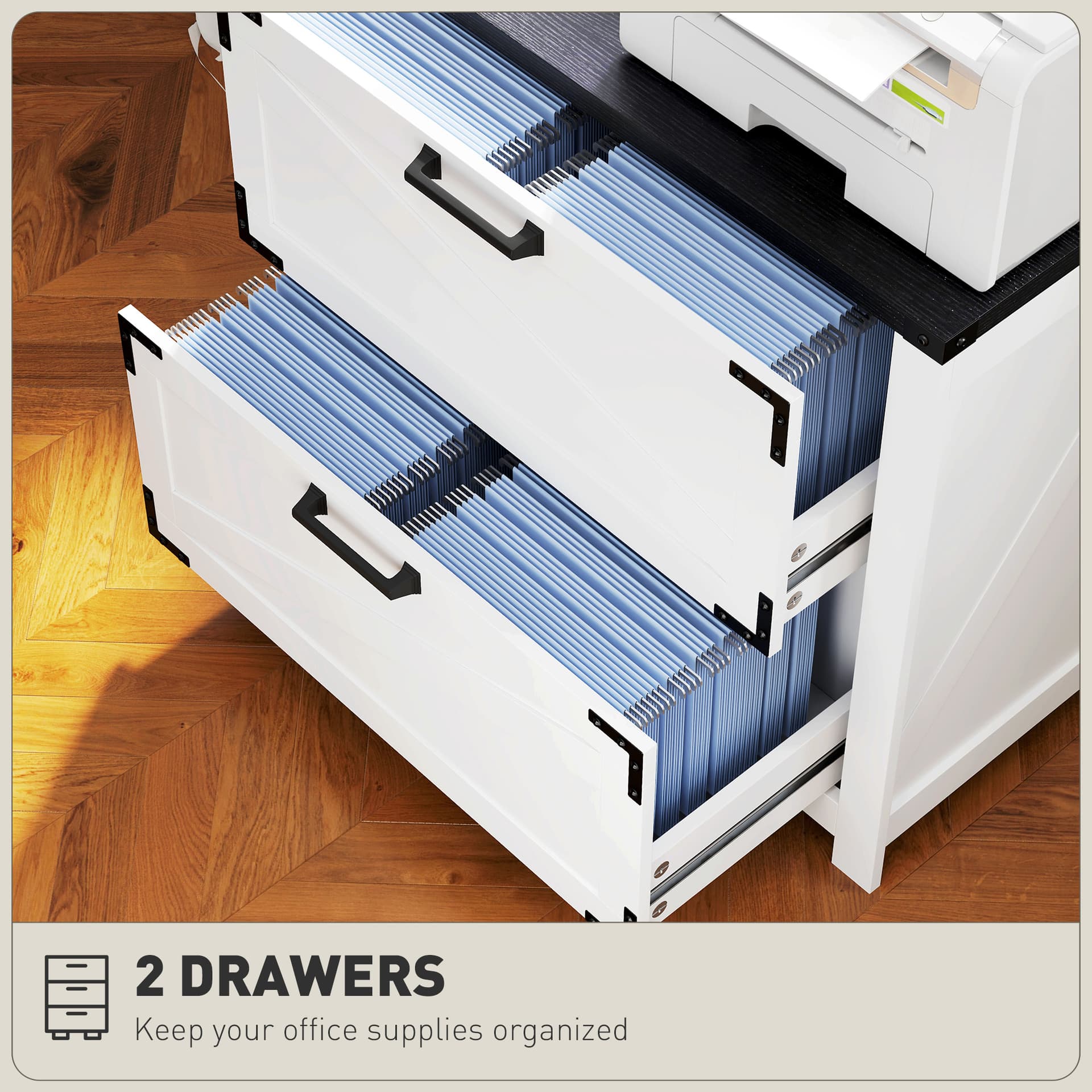 2 Drawer Filing Cabinet, Farmhouse Office Storage Cabinet with Adjustable Hanging Bars for Letter, A4, Legal Size, White