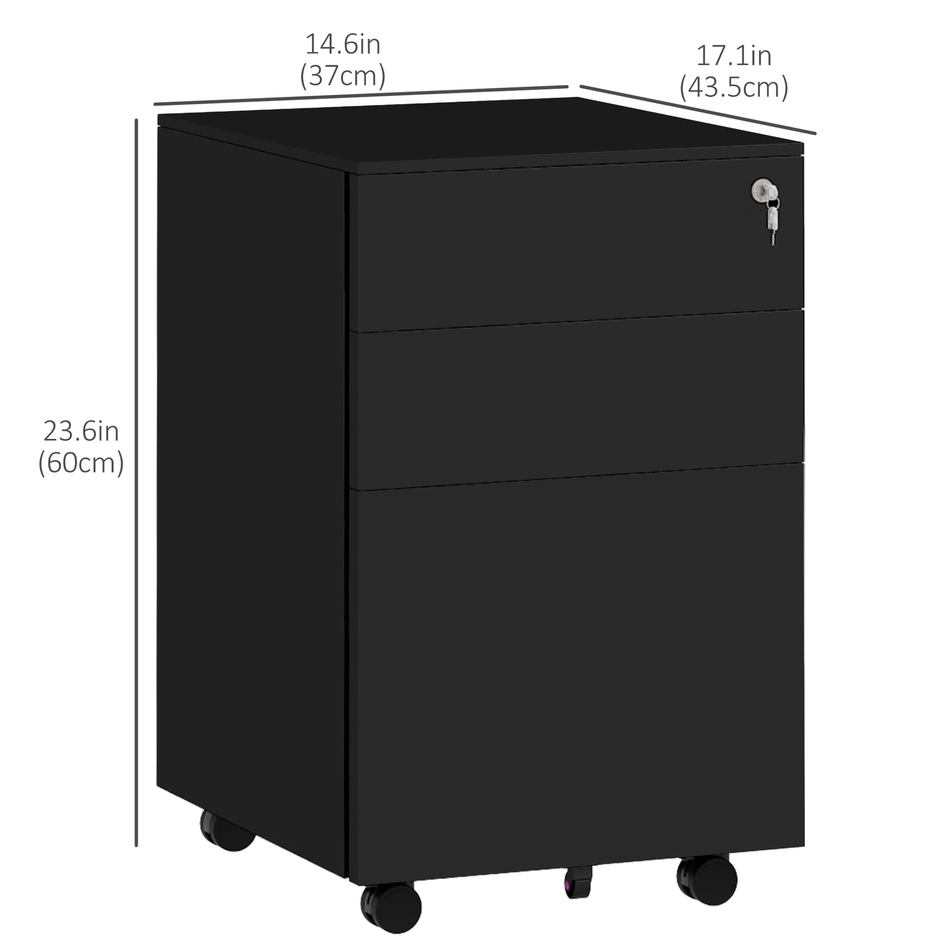 Vertical Steel Filing Cabinet on Wheels, 3-Drawer Lockable File Cabinet with Adjustable Hanging Bar for A4, Legal and Letter Size, for Home Office, Black