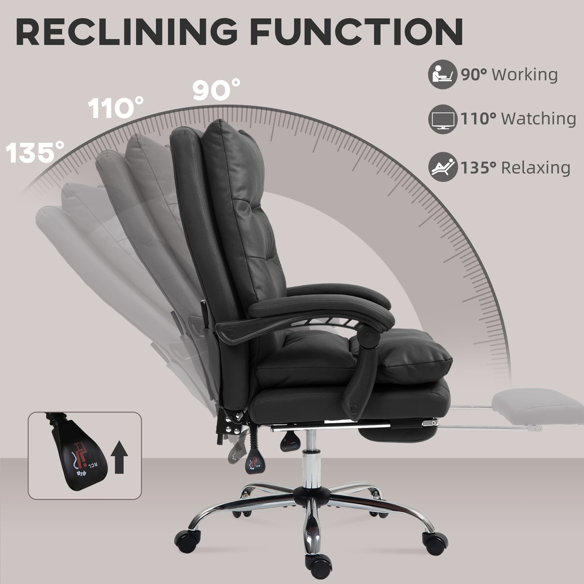 Executive Office Chair with 6-Point Massage, Microfibre Reclining Computer Chair with Footrest, Black
