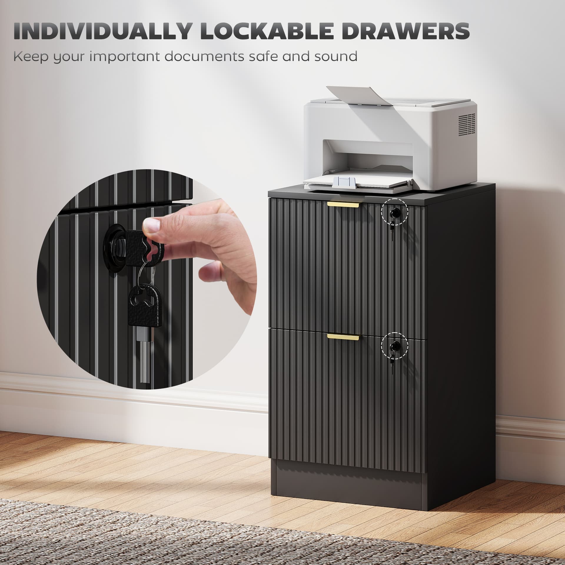 Lockable Filing Cabinet with 2 Fluted Drawers, File Cabinet with Adjustable Hanging Rails for A4 Letter Files, Black