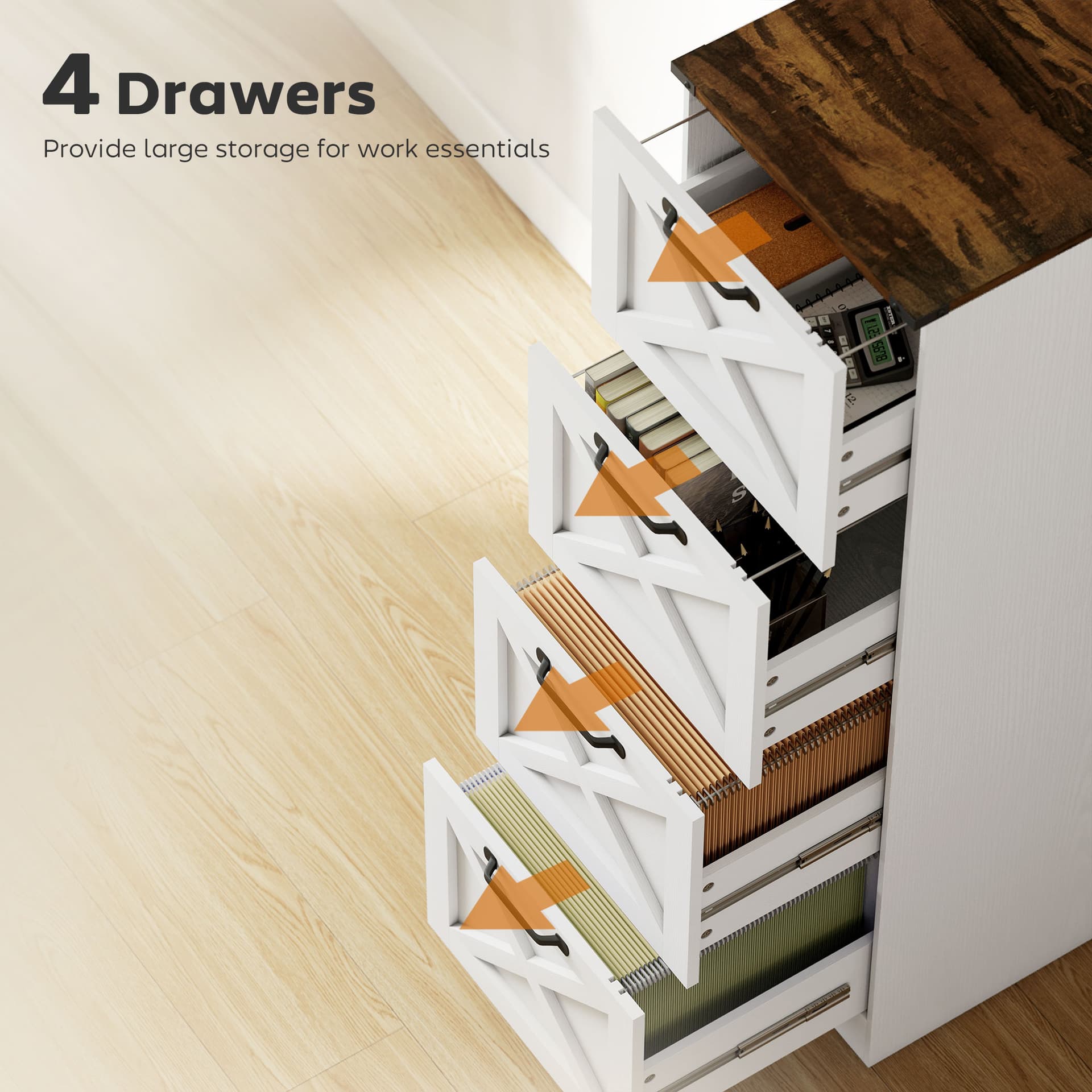 4 Drawer File Cabinet with Silent Slides, Vertical Farmhouse Filing Cabinet Fits Letter/A4 Size Home Office, White