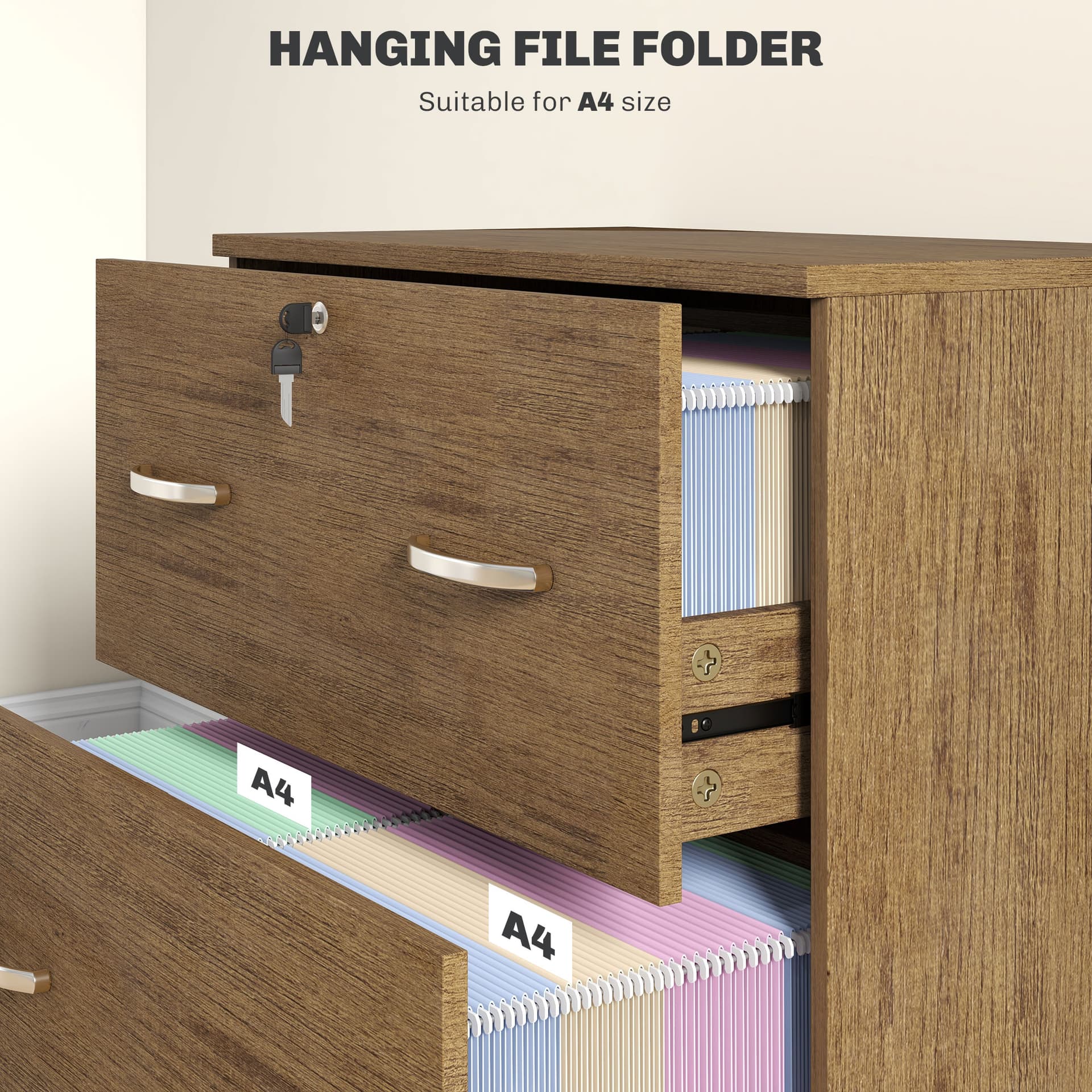 2 Drawer File Cabinet with Lock, Office Filing Cabinet, Hanging Bar for Letter Size, Home Office, Light Brown