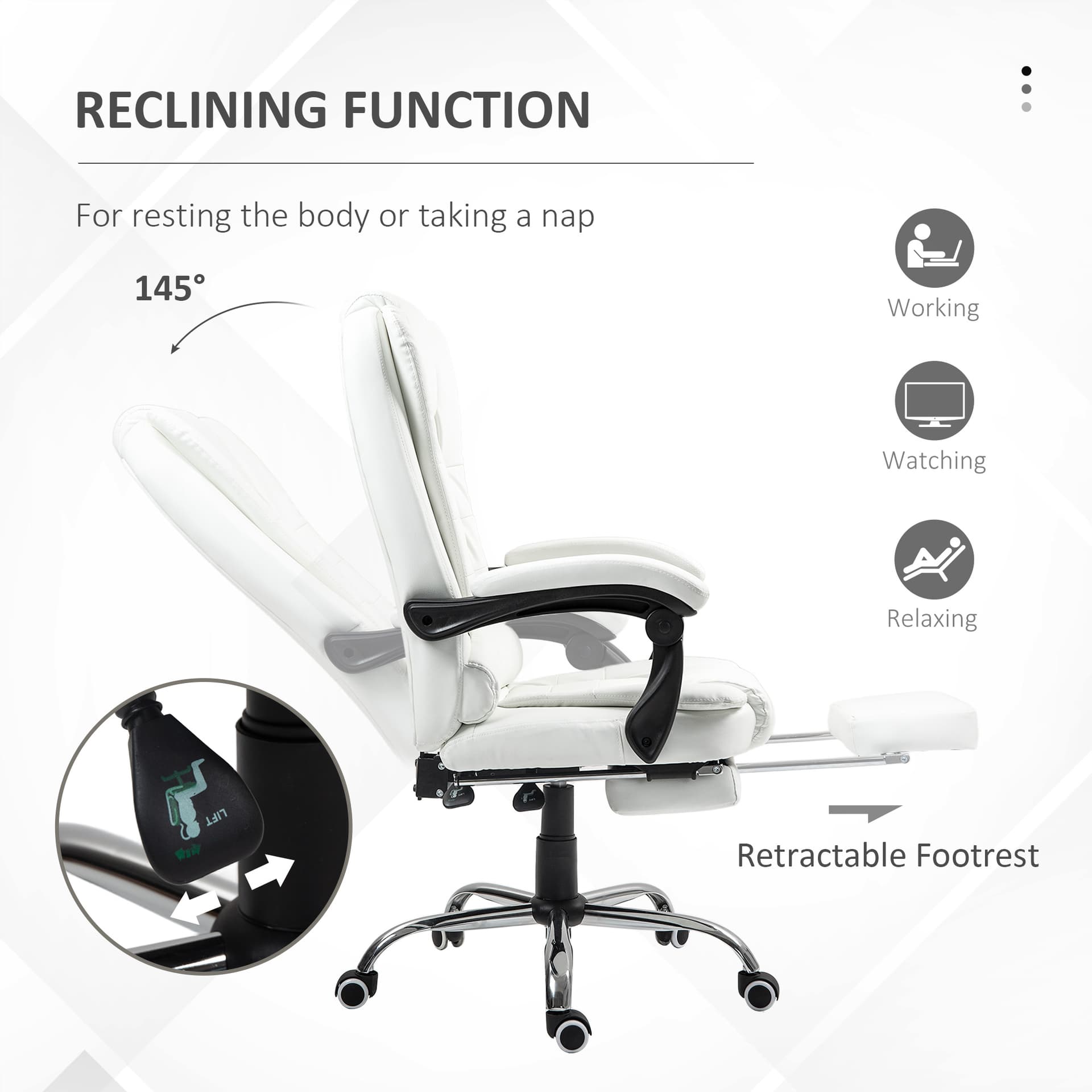 High Back Office Chair PU Leather Executive Office Chair with Retractable Footrest Padded Armrest White
