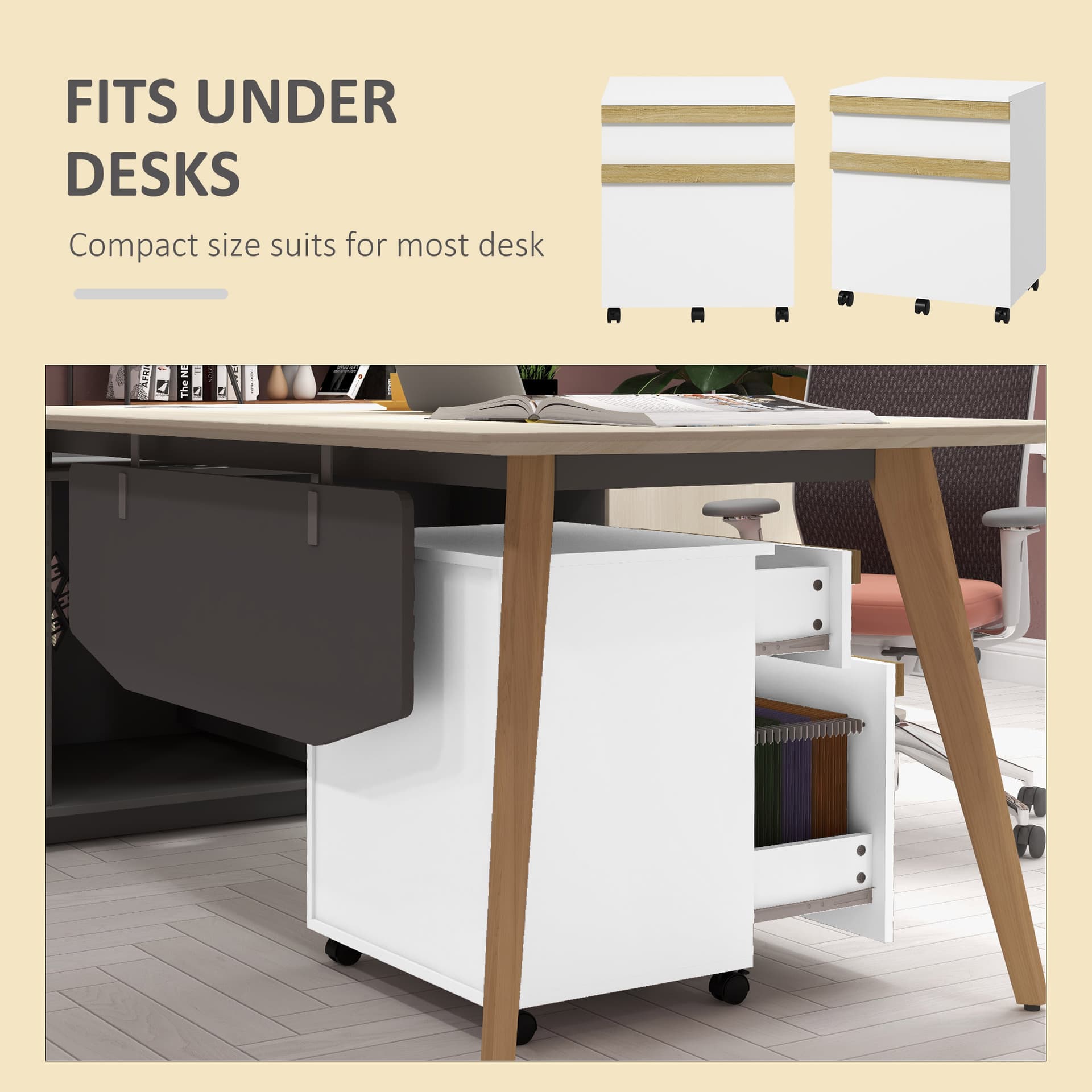 Mobile Filing Cabinet with 2 Drawers, Office Storage Cabinet with 5 Wheels, White Wood Grain