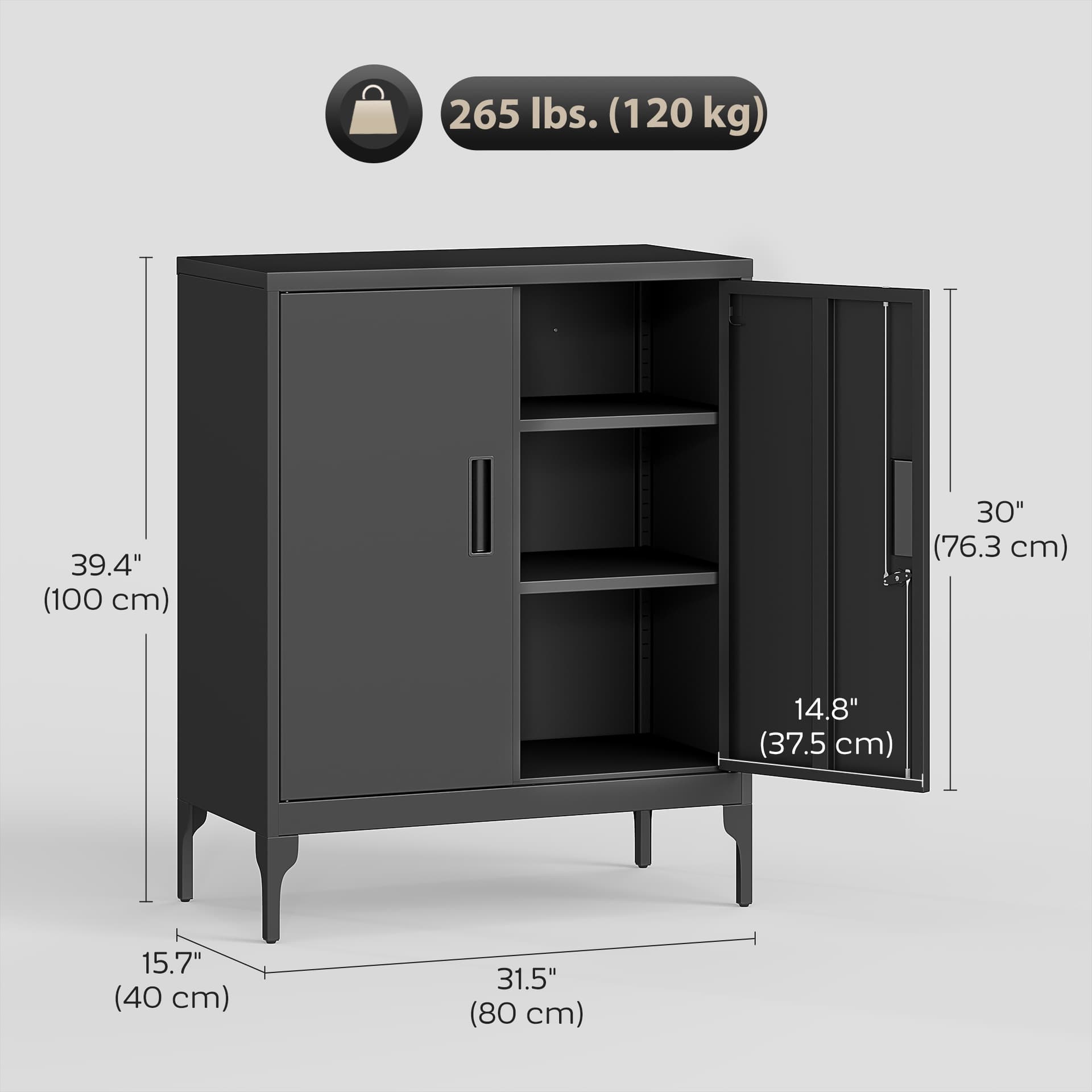 Office Storage Cabinet with Lock, Filing Cabinet with Adjustable Shelves and Doors for Home Office, Garage, Black