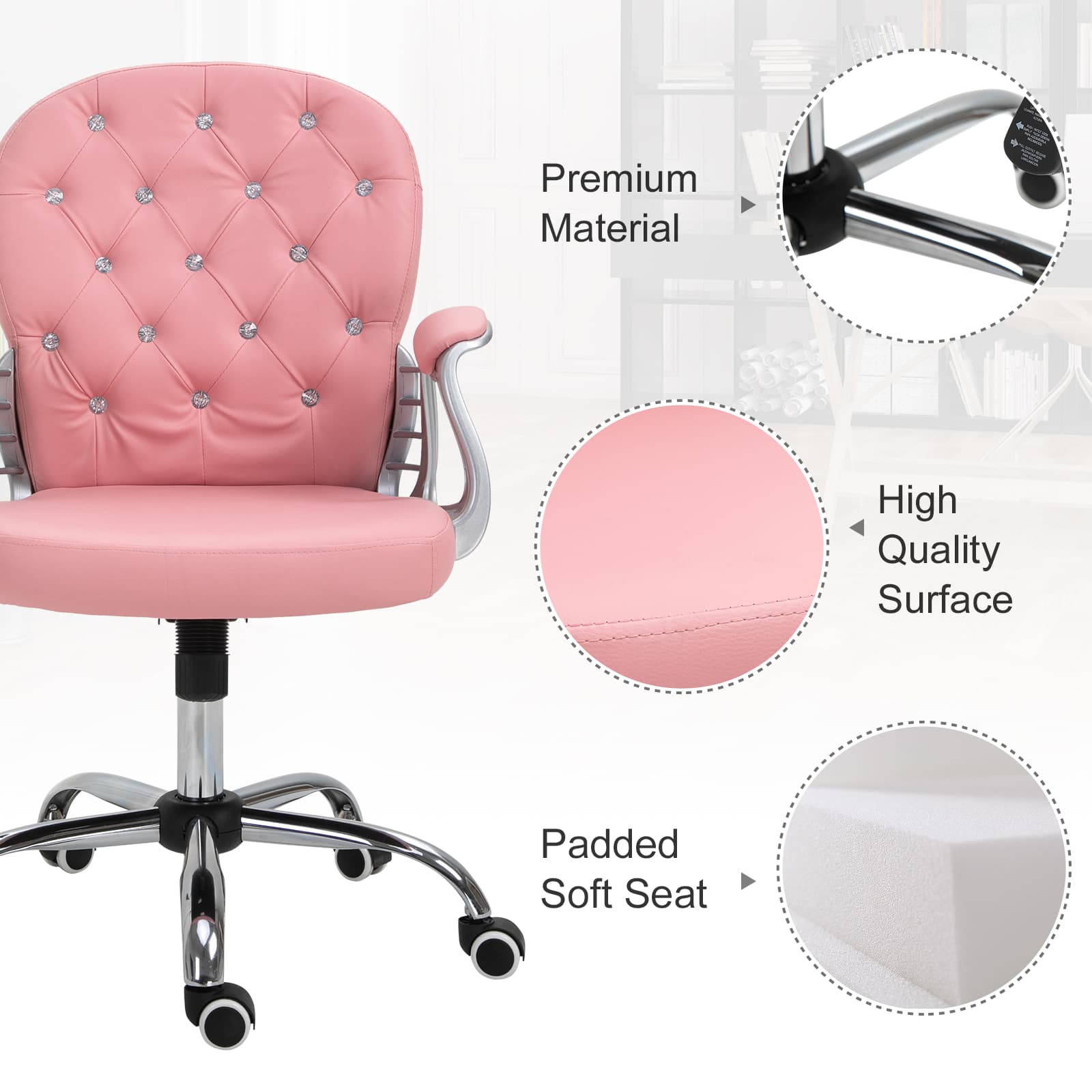Office Chair, Computer Desk Chair with Adjustable Height and Tufted Back, Pink