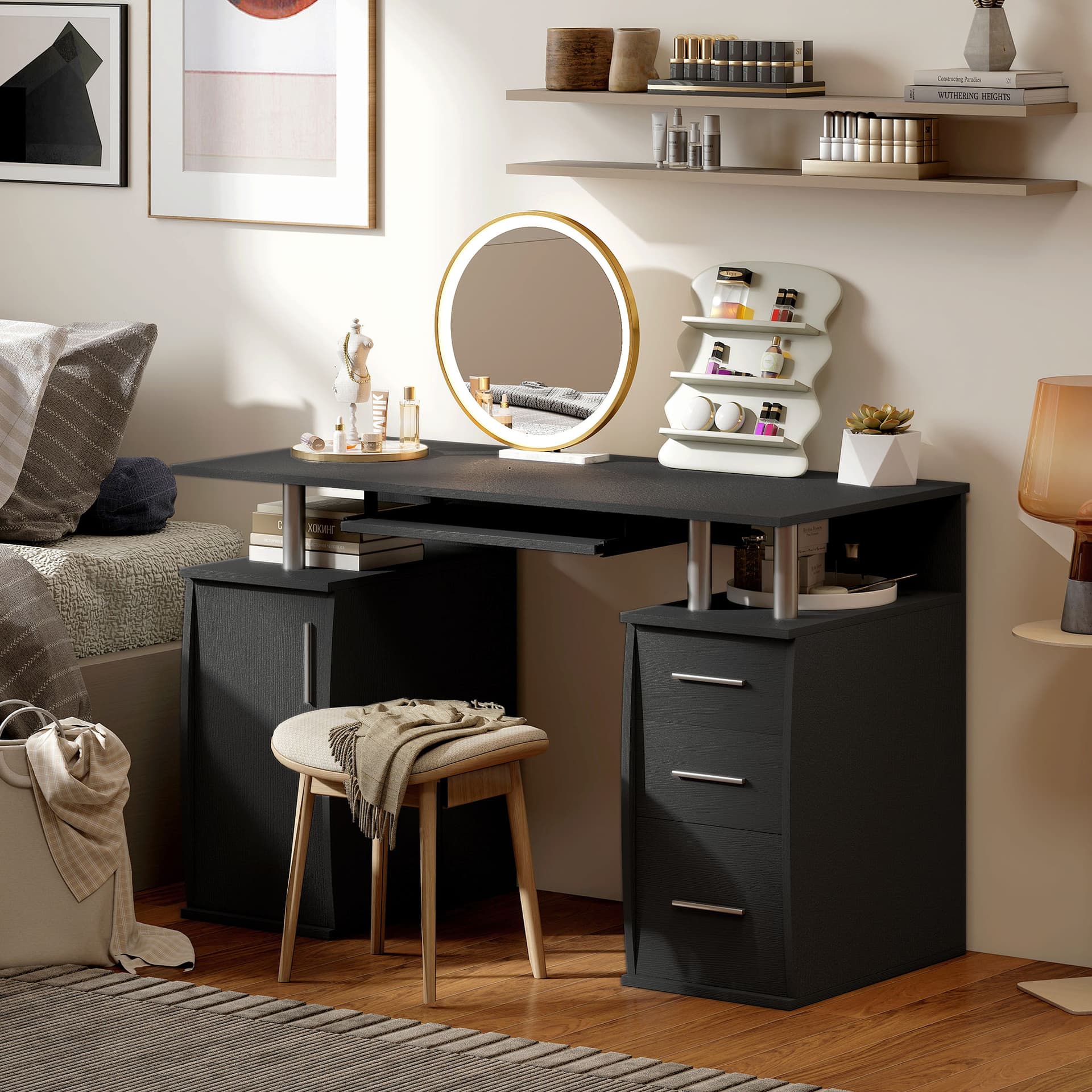 47" Computer Desk with Keyboard Tray and Storage Drawers, Home Office Workstation Table with Storage Shelves, Black