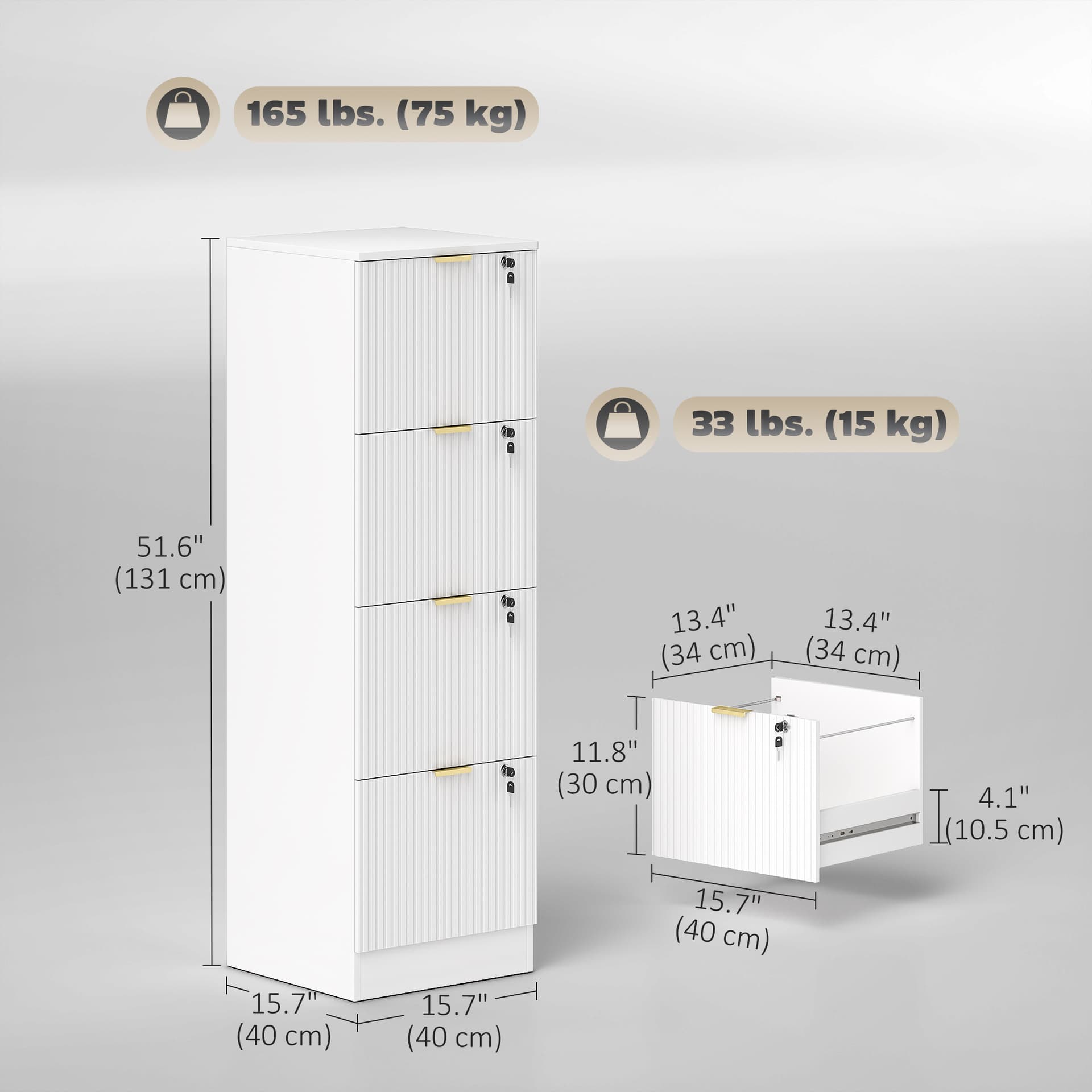Lockable Filing Cabinet with 4 Fluted Drawers, File Cabinet with Adjustable Hanging Rails for A4 Letter Files, White