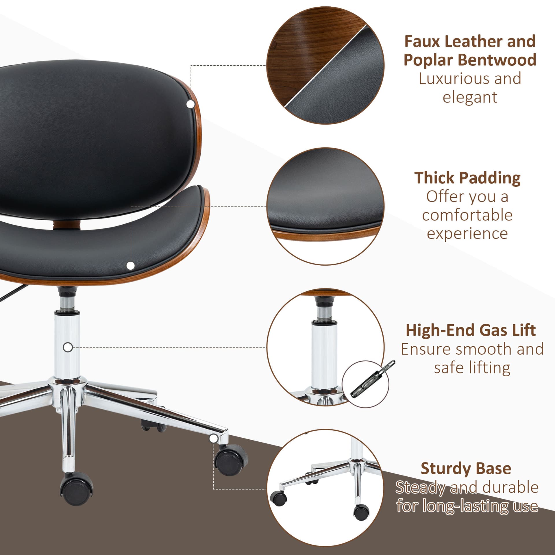 Office Chair, Faux Leather and Bentwood Computer Desk Chair with 360 Degree Swivel Wheels, Adjustable Height and Curved Seat, Black