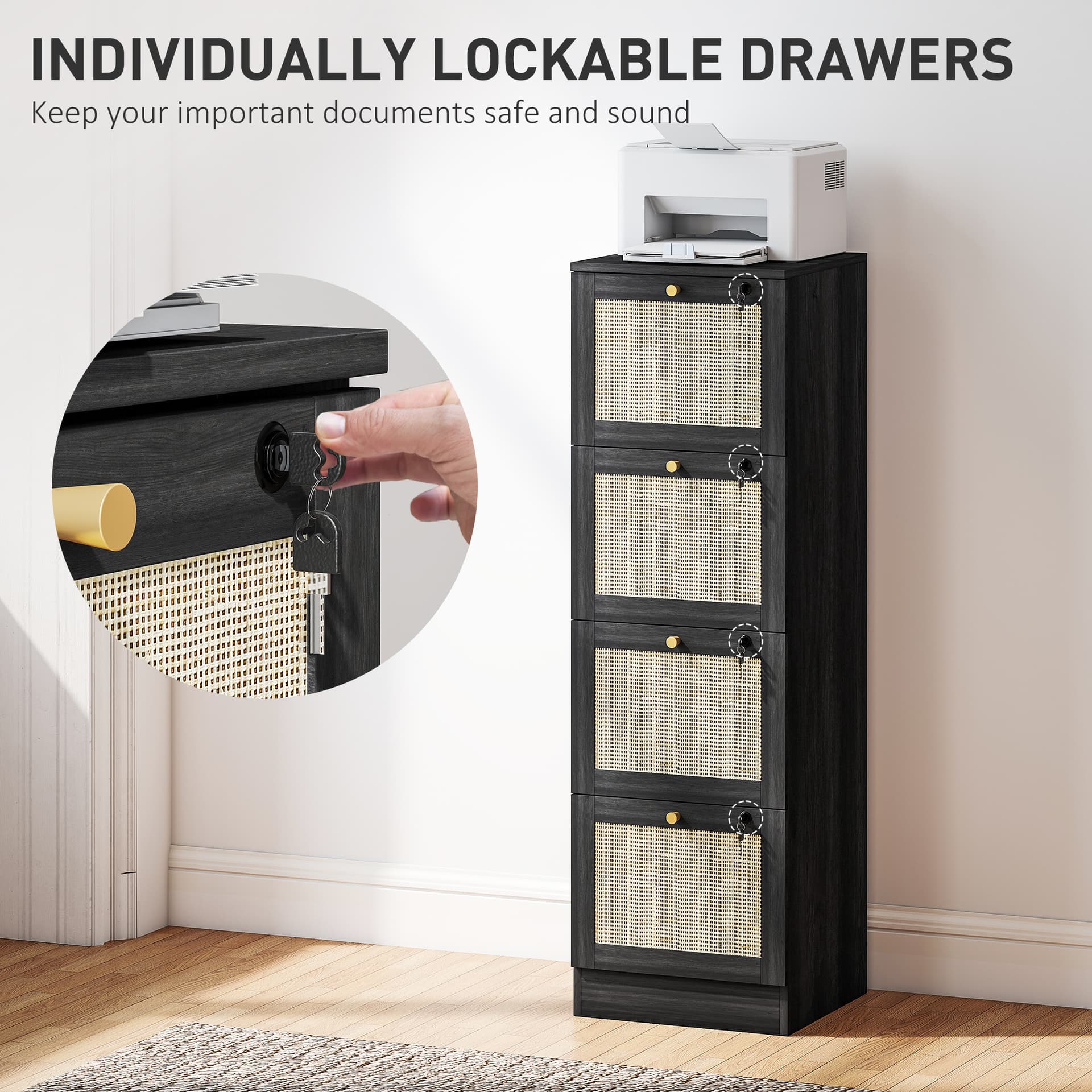 4 Drawer Filing Cabinet with Lock, Boho File Cabinet for A4 Letter Size Files with Decorative Rattan Accents, Black