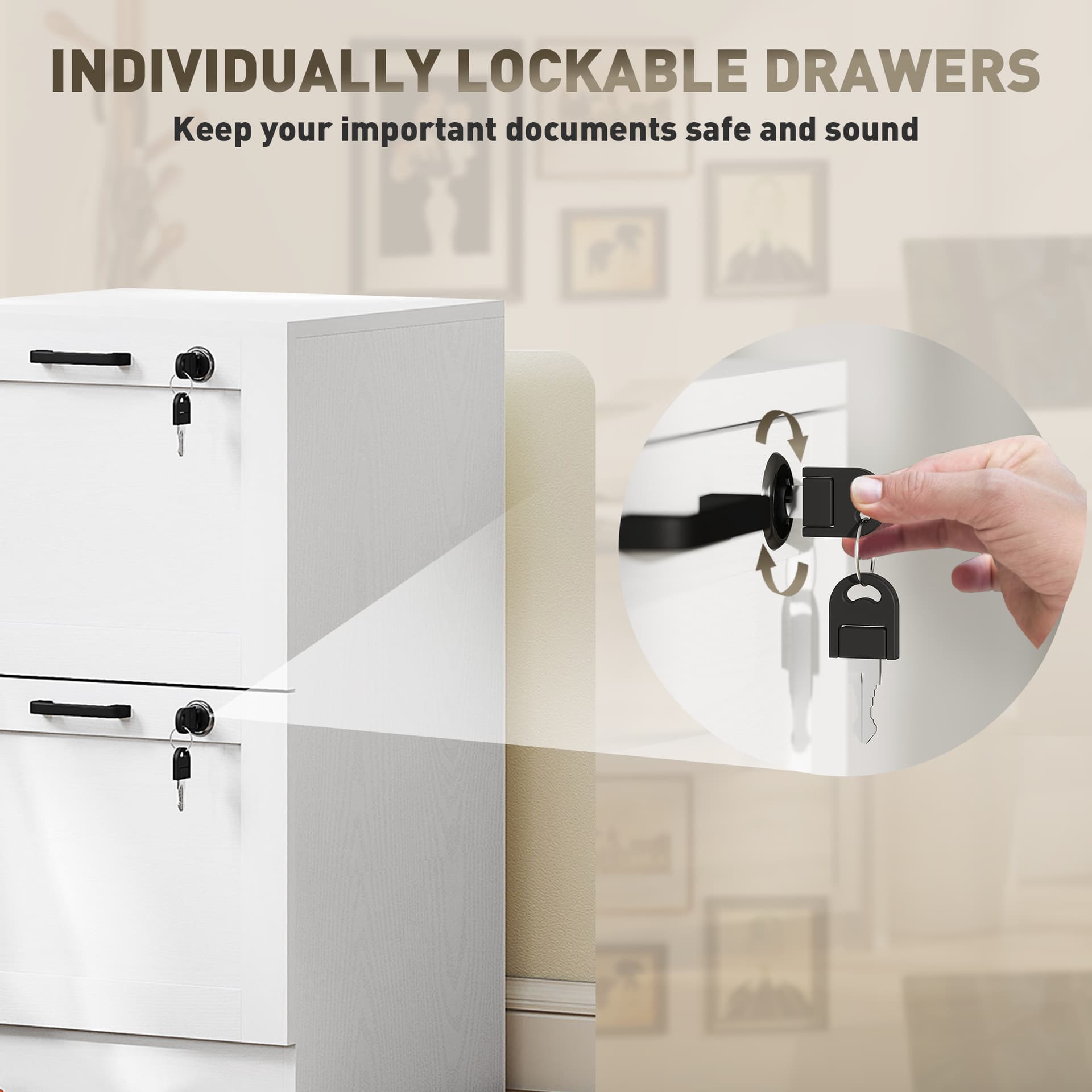 Vertical Filing Cabinet with 2 Drawers, Lock, File Cabinet for Home Office, A4 and Letter Size Files, White