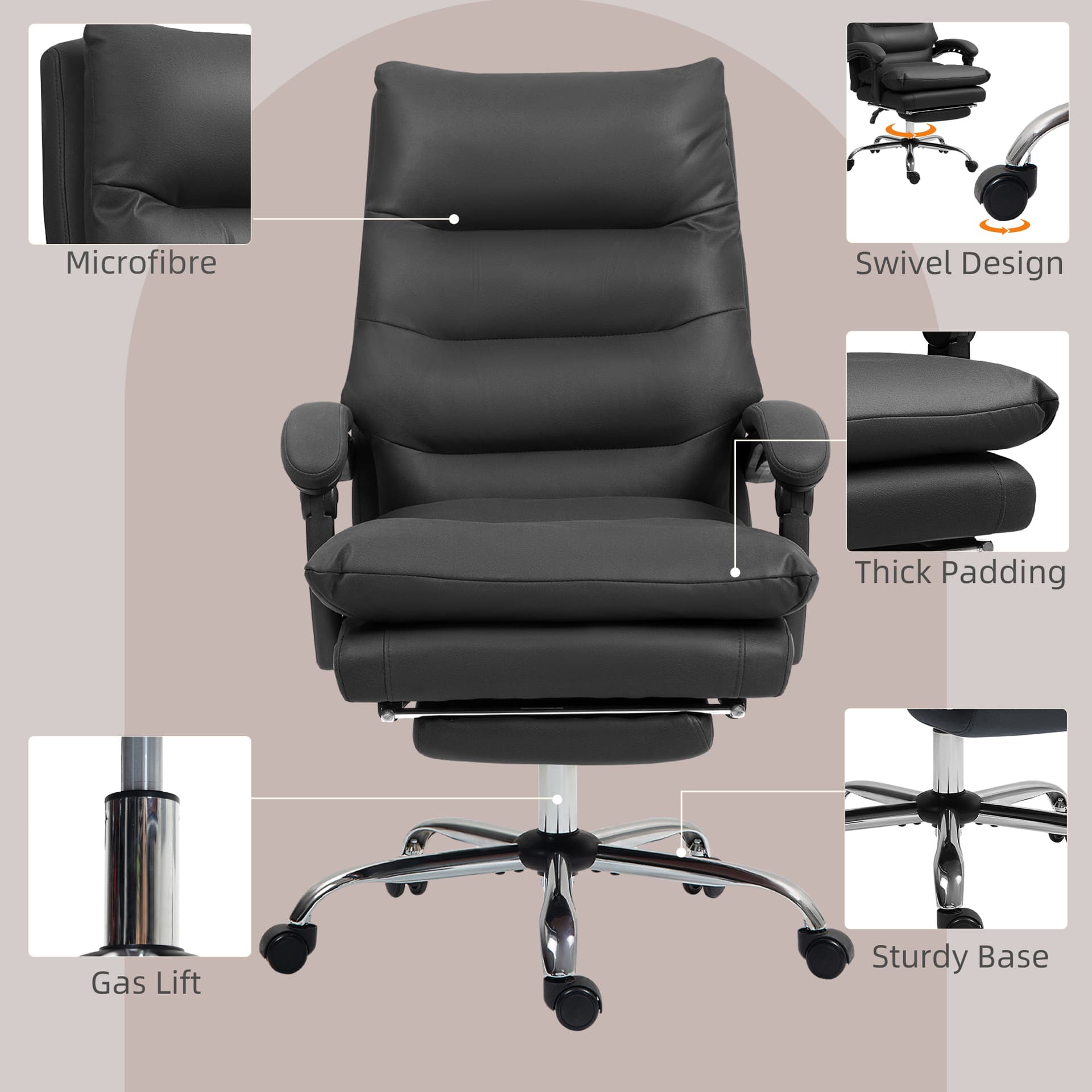 Executive Office Chair with 6-Point Massage, Microfibre Reclining Computer Chair with Footrest, Black
