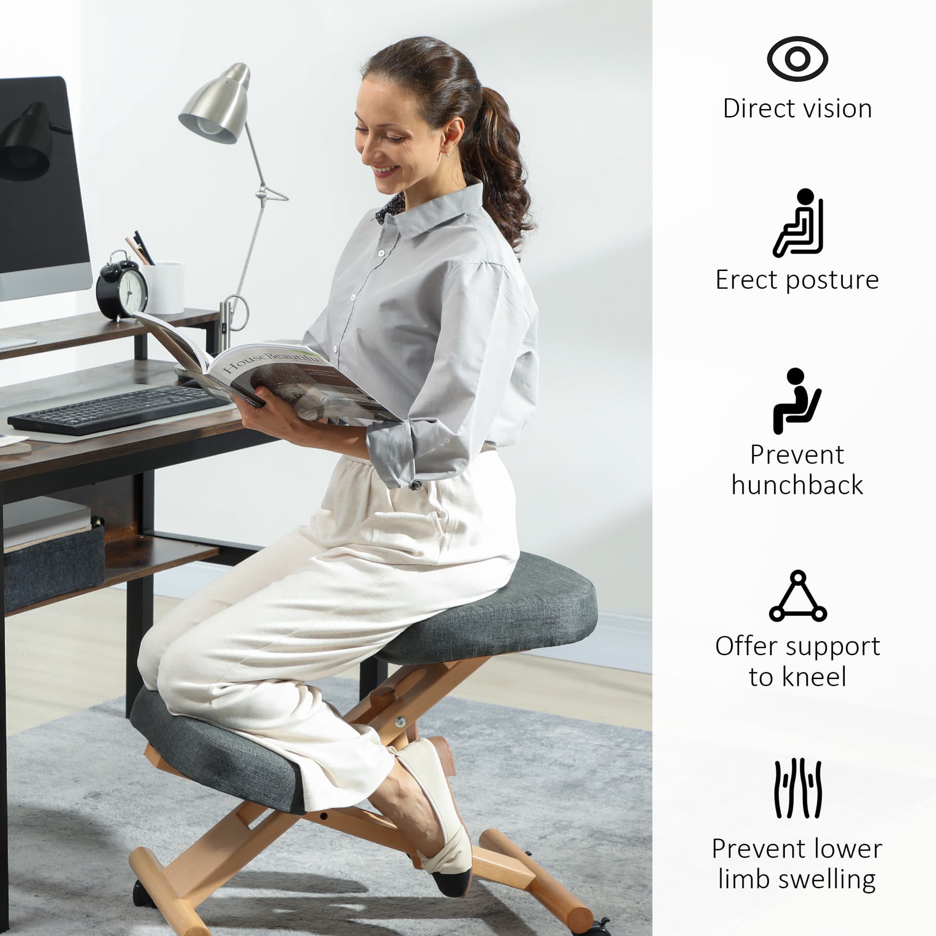 Ergonomic Kneeling Chair, Posture Chair with Rubberwood Frame, Wheels for Office, Posture Correction, Dark Grey