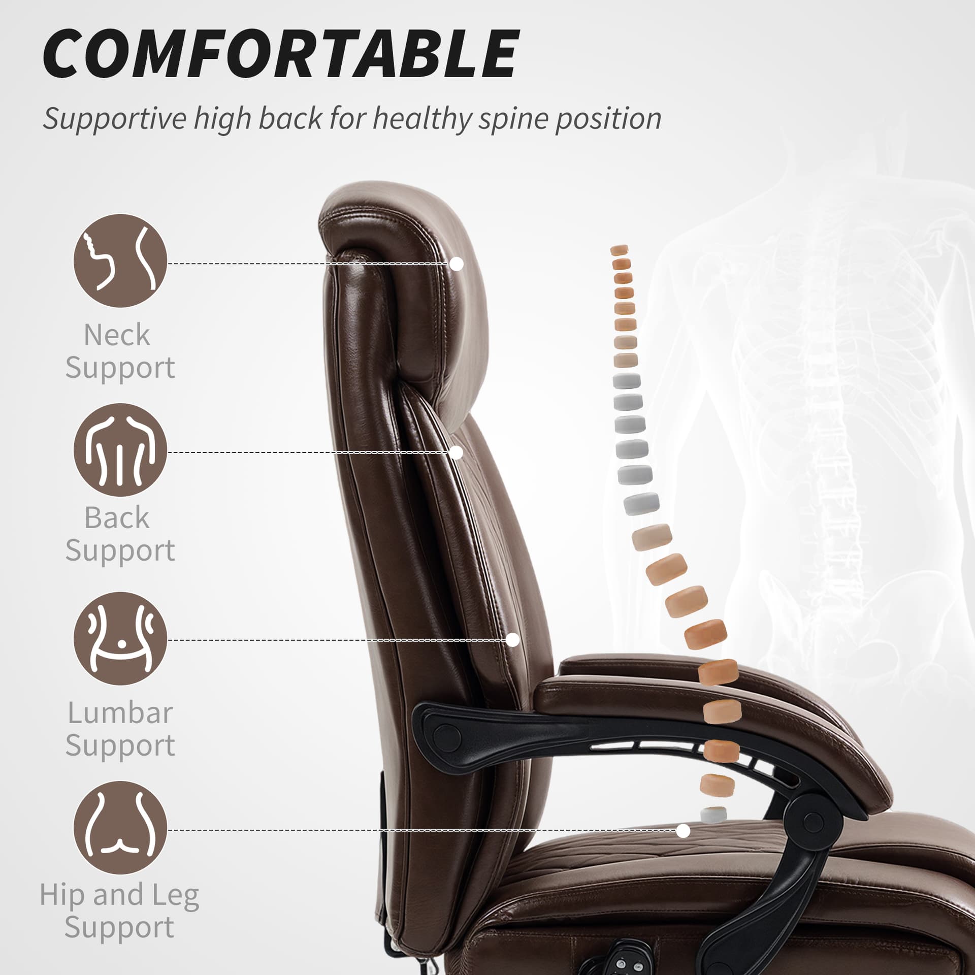 6 Point Massage Office Chair with Remote, Ergonomic Reclining Computer Desk Chair with Footrest, Side Pocket, Dark Brown