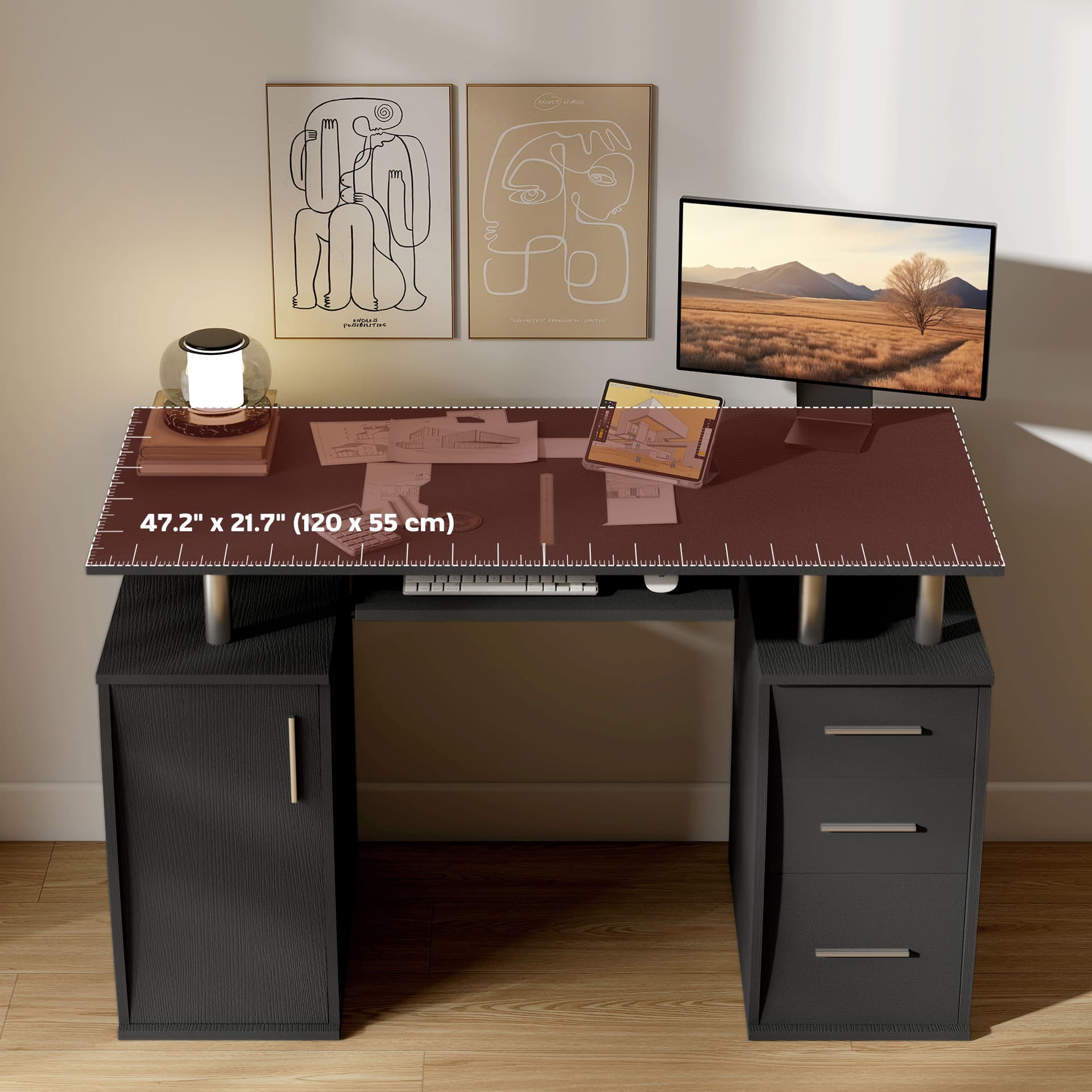 47" Computer Desk with Keyboard Tray and Storage Drawers, Home Office Workstation Table with Storage Shelves, Black