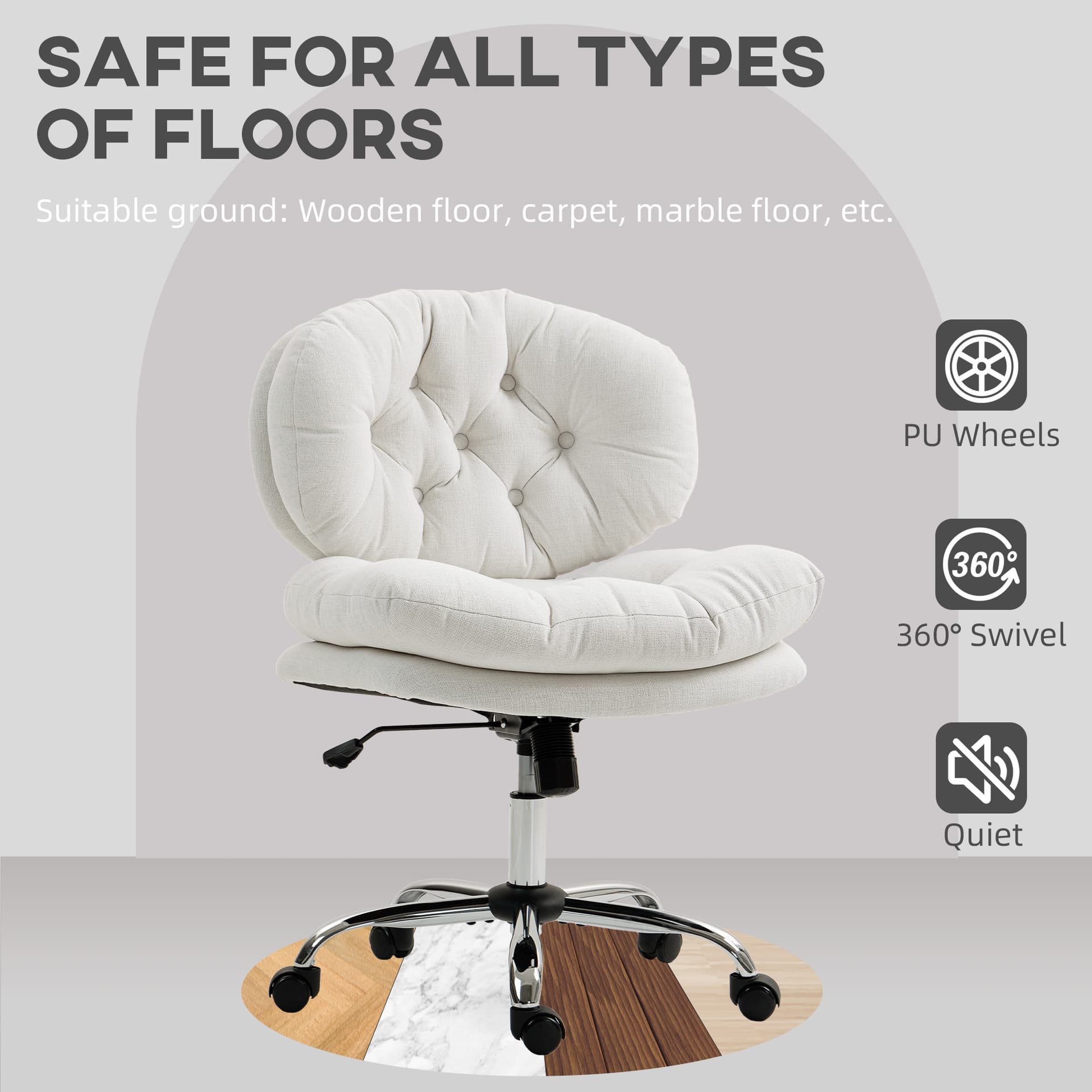 Computer Desk Chair, Armless Office Chair with Wide Padded Seat and Adjustable Height, Cream White