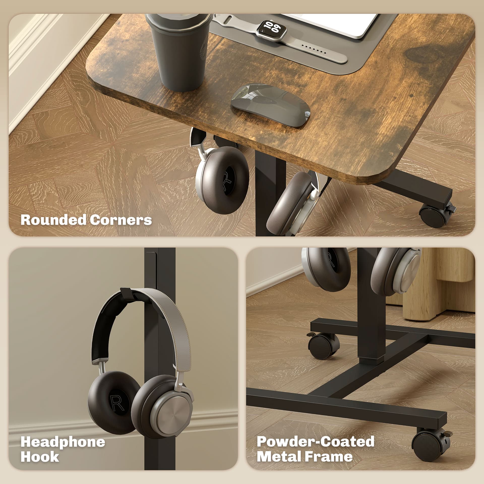 Height Adjustable Standing Desk, Pneumatic Sit Stand Desk with Wheels and Headphone Hook, Rustic Brown - Office Desks & Work Stations - Office Furniture