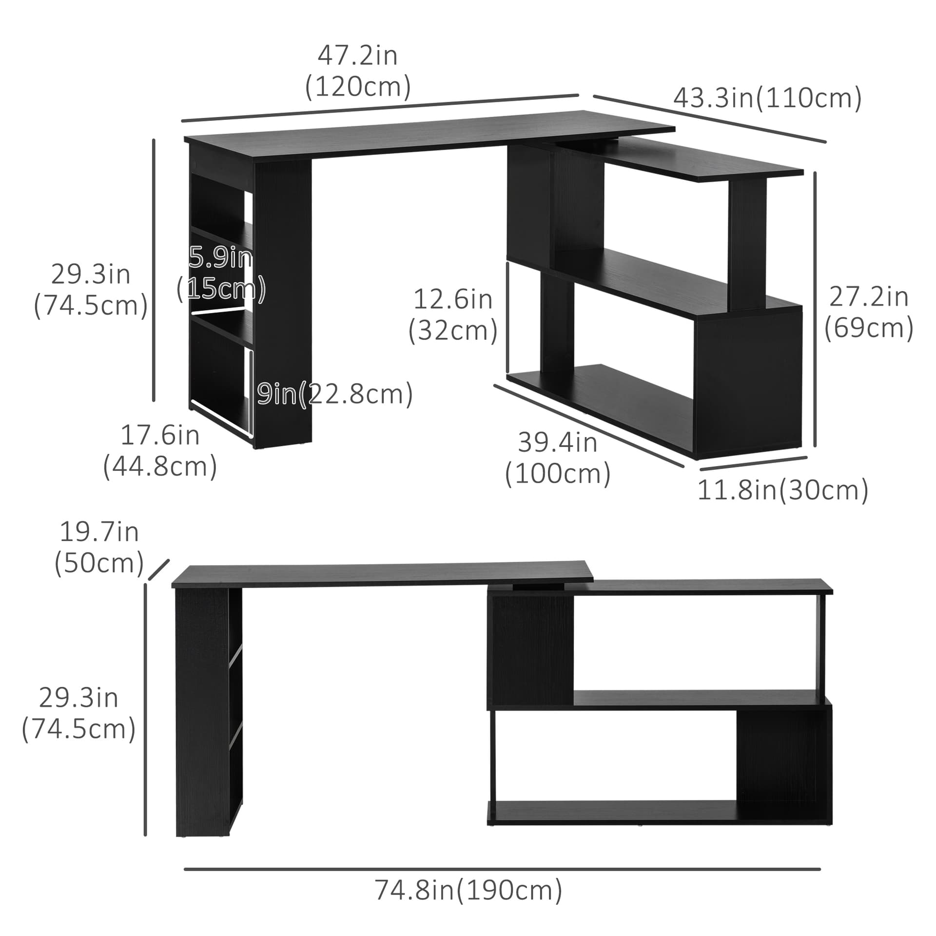L Shaped Desk, 360° Rotating Corner Desk, Computer Writing Table Workstation with Storage Shelf for Home Office, Black