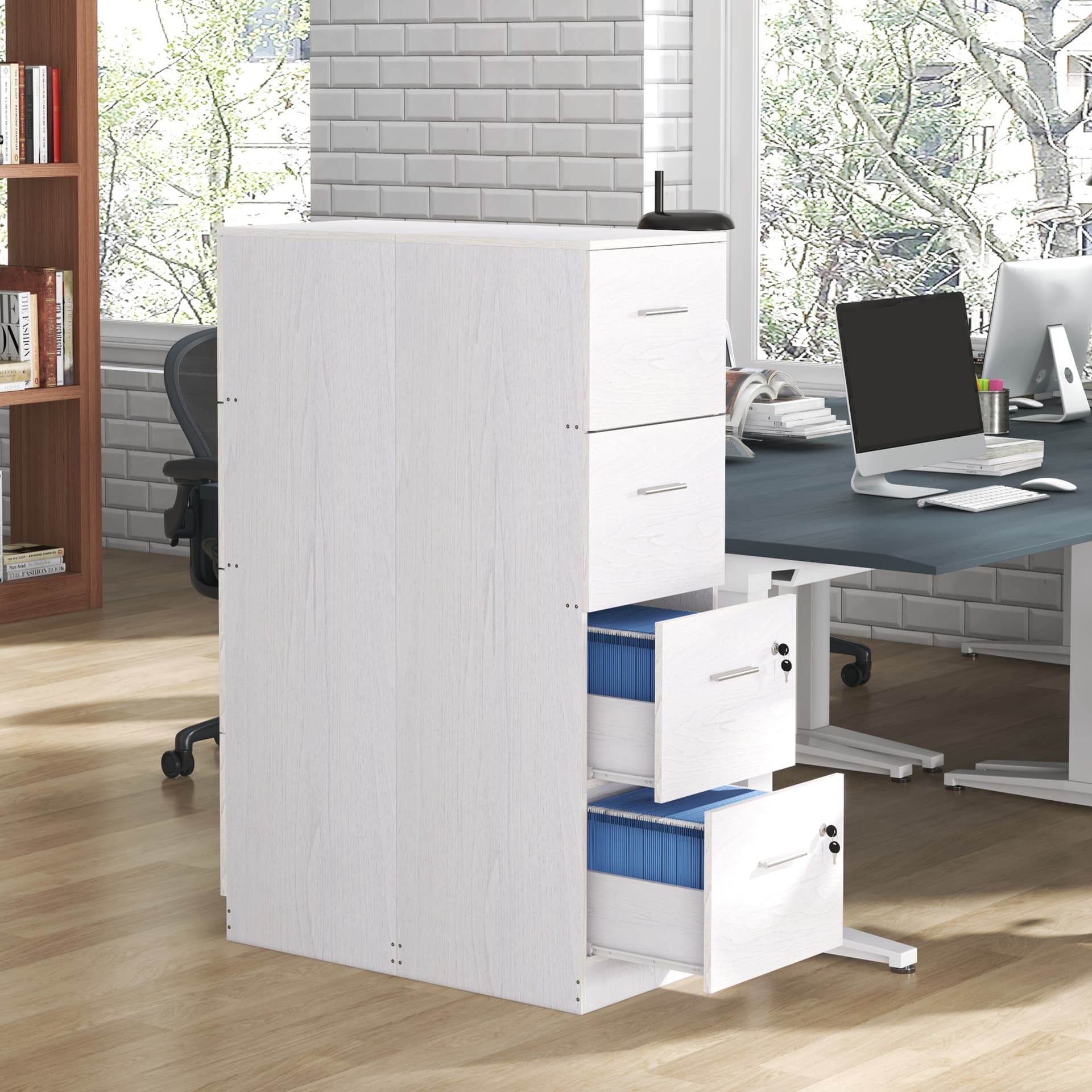 Vertical Filing Cabinet with Lock, 4 Drawer File Cabinet with Adjustable Hanging Bar for A4 and Letter Size, White
