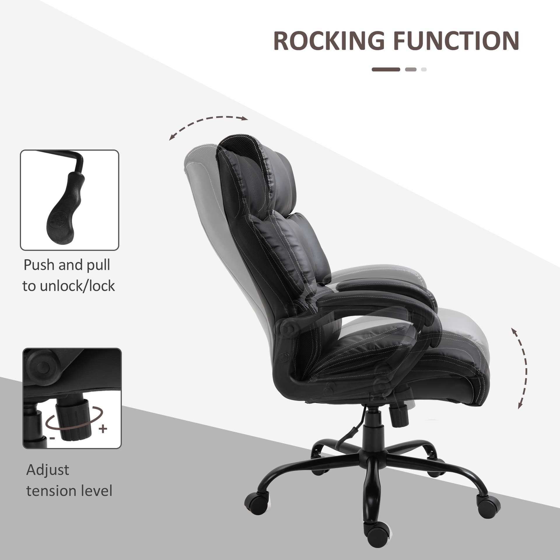 Ergonomic Heavy-Duty Office Chair with Adjustable Height, PU Leather, Rocker, 360° Swivel, 400lbs Capacity, Black