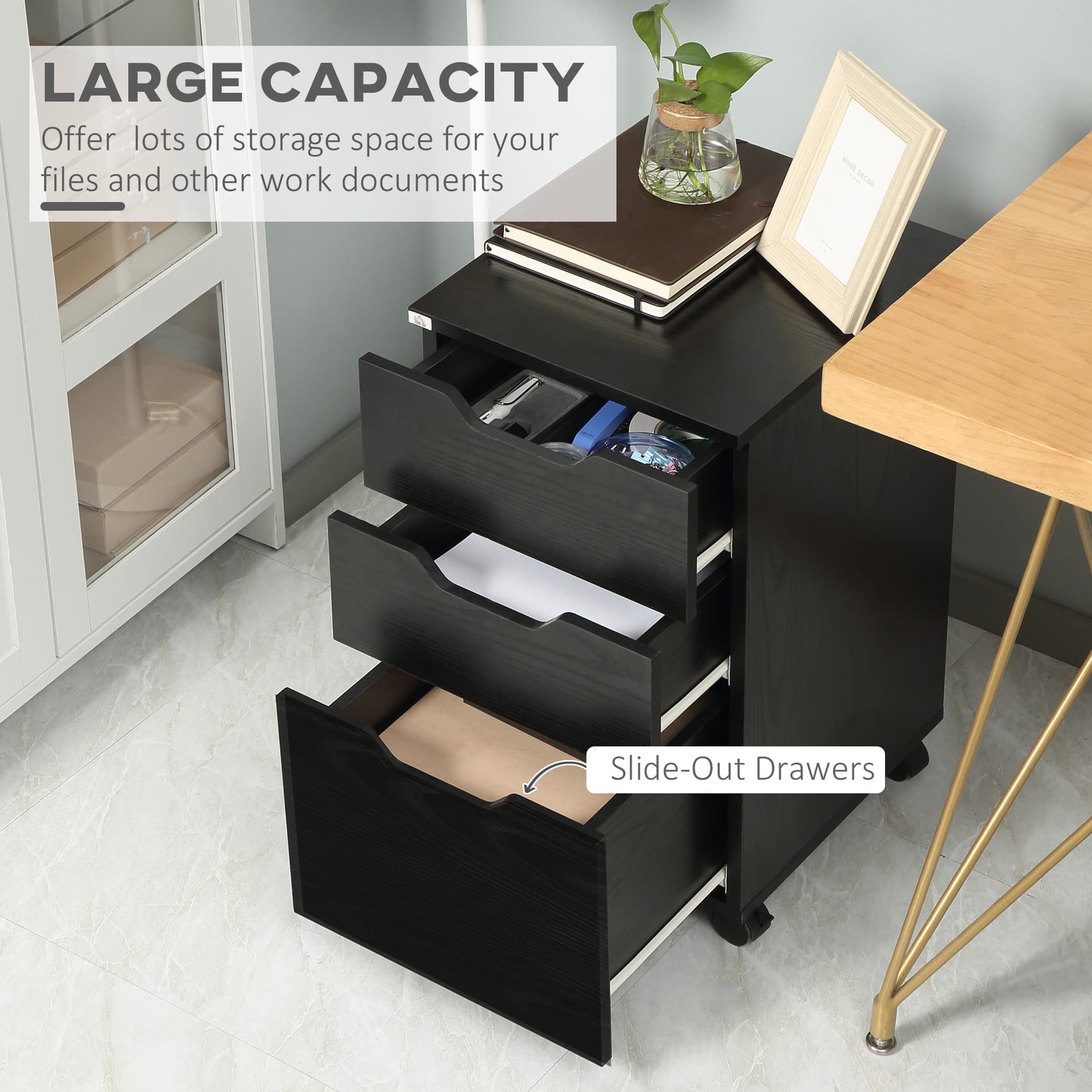 Vertical Filing Cabinet, 3 Drawer Mobile File Cabinet, Under Desk Office Storage Cabinet with Wheels, Black Wood Grain