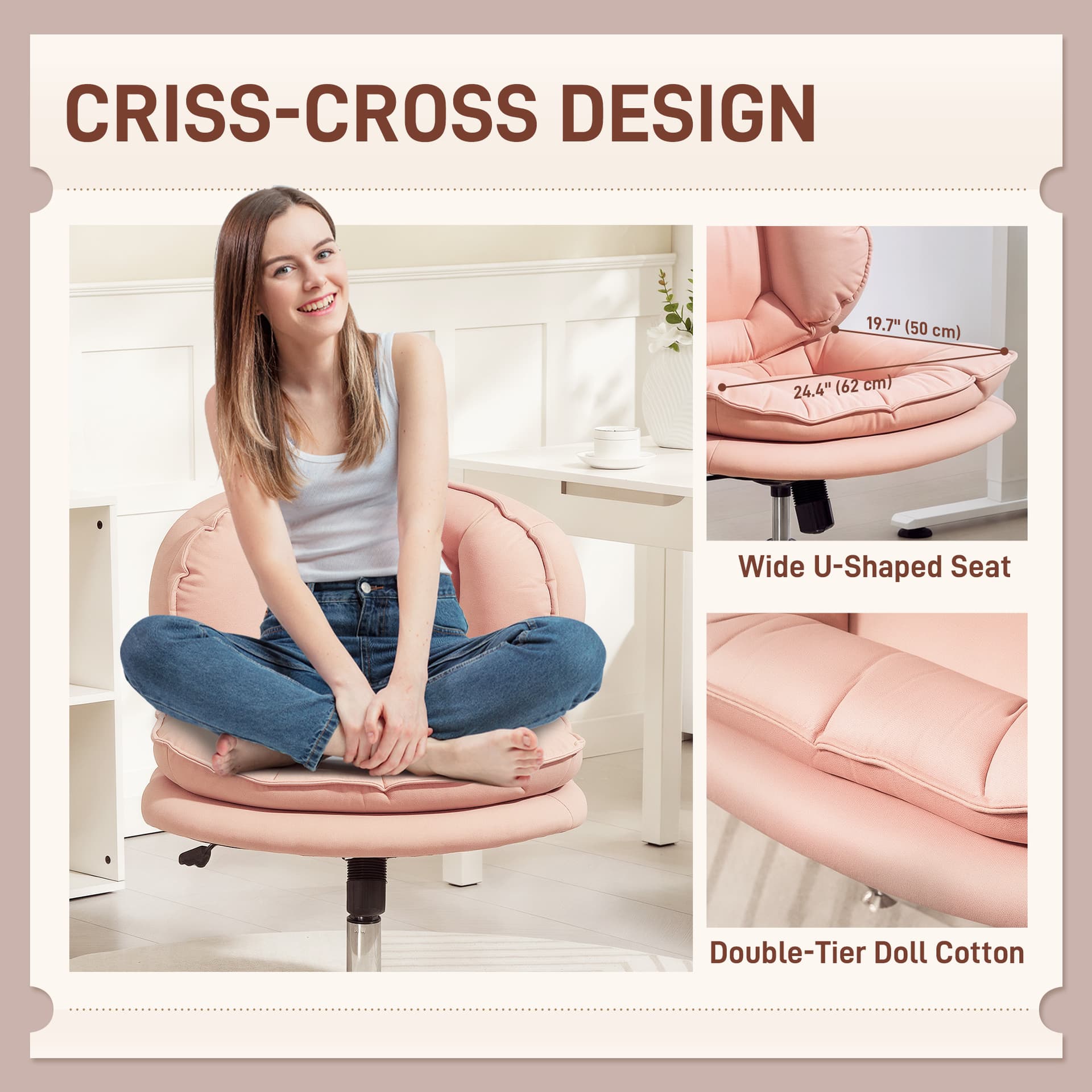 Criss Cross Chair, Swivel Wide Office Chair with Leathaire Upholstery, Tilting, No Arm, Pink