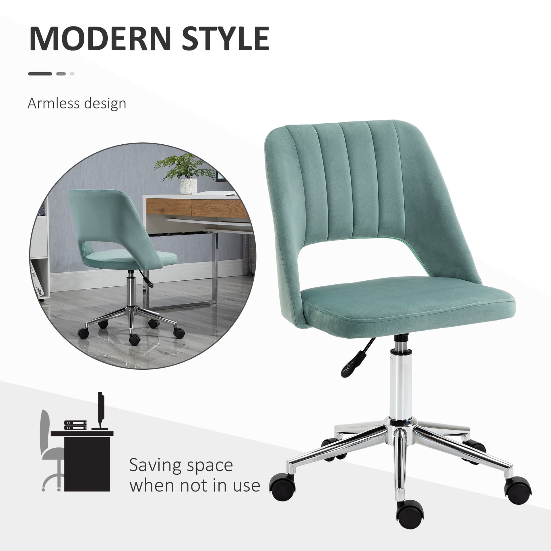 Mid Back Office Chair Velvet Fabric Swivel Scallop Shape Computer Desk Chair, Green