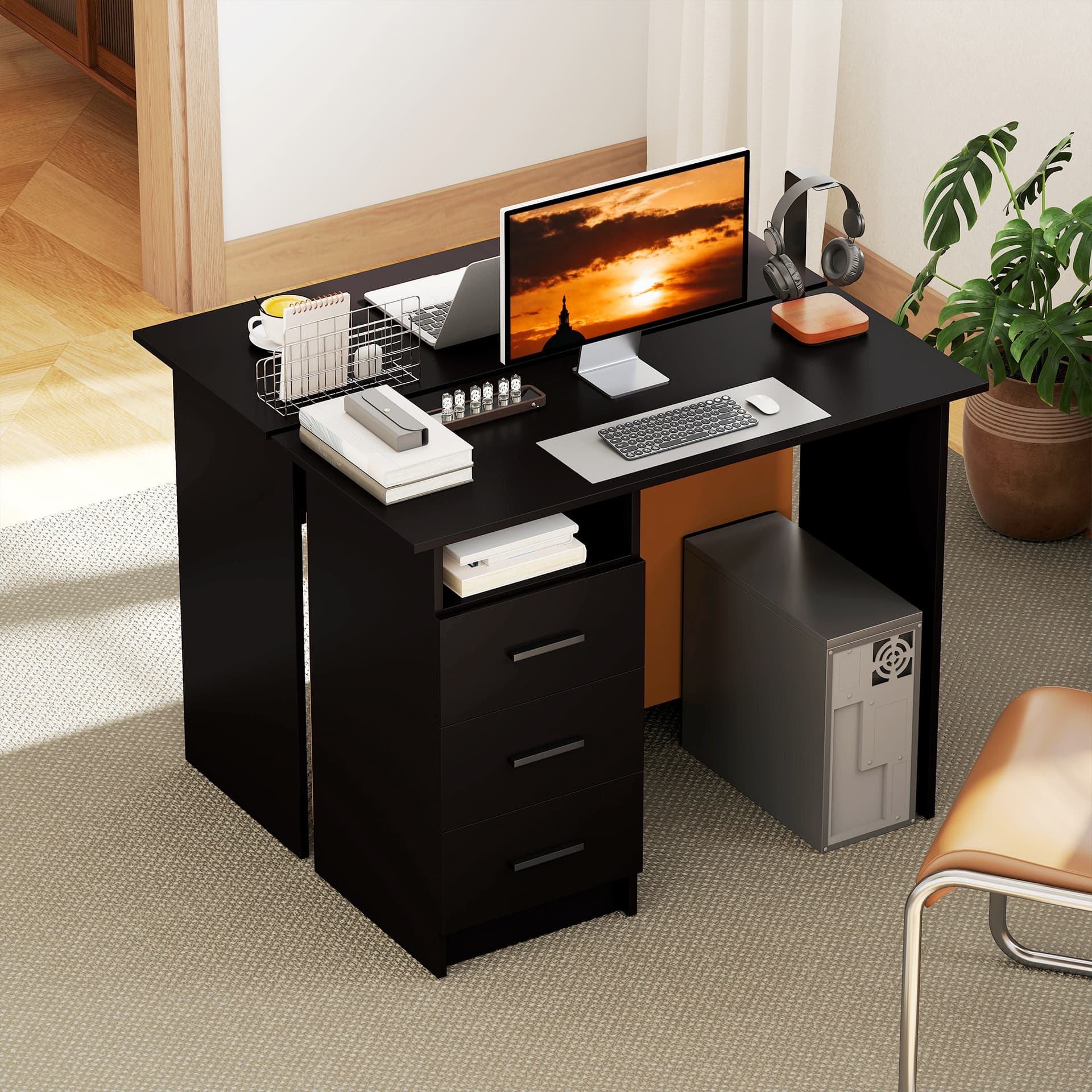 Computer Desk with Storage, 39" Home Office Desk with 3 Drawers nad Open Shelf, Writing Table for Bedroom, Black