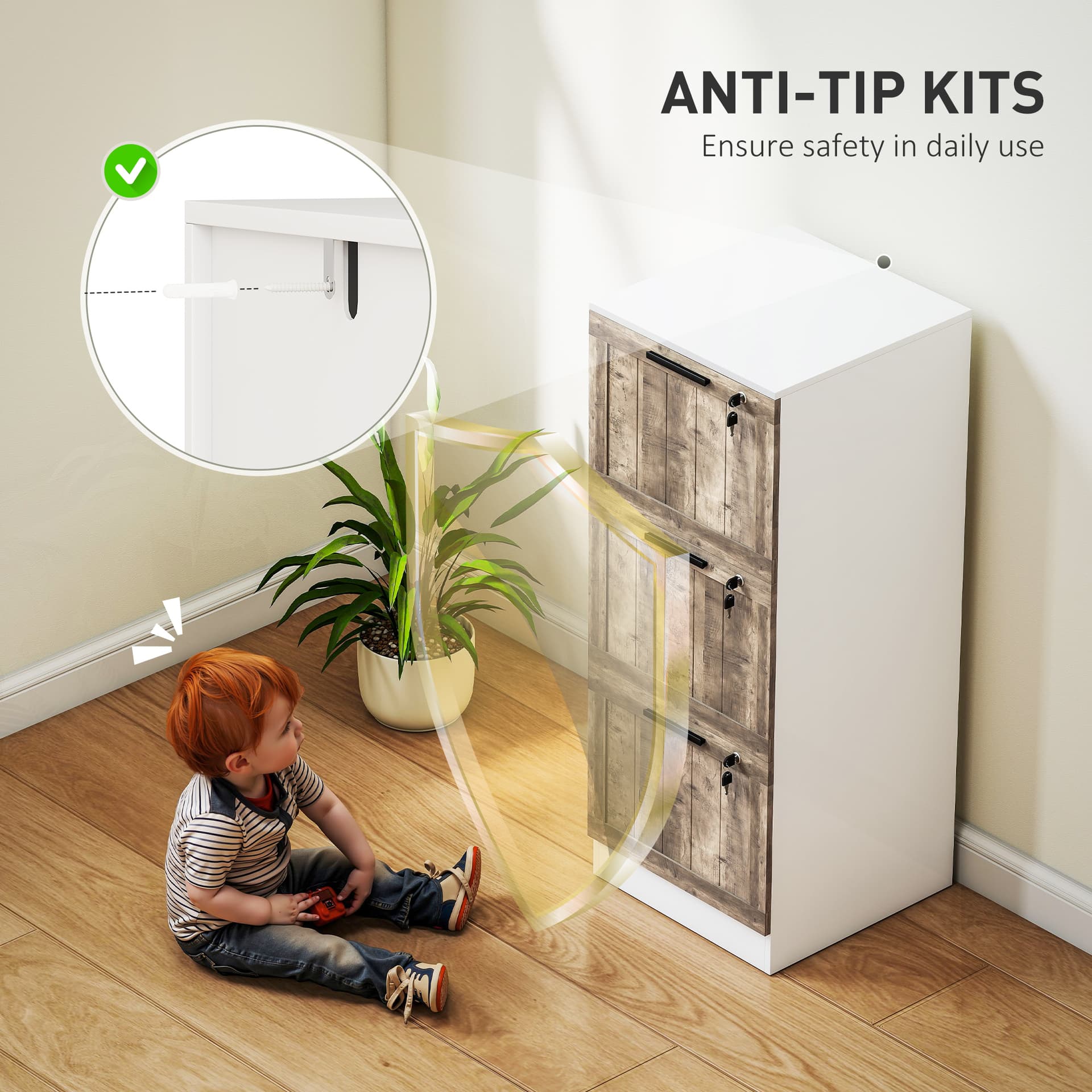 3 Drawer Filing Cabinet, Farmhouse File Cabinet with Lock, Adjustable Hanging Rails for A4 Letter Size Files, White