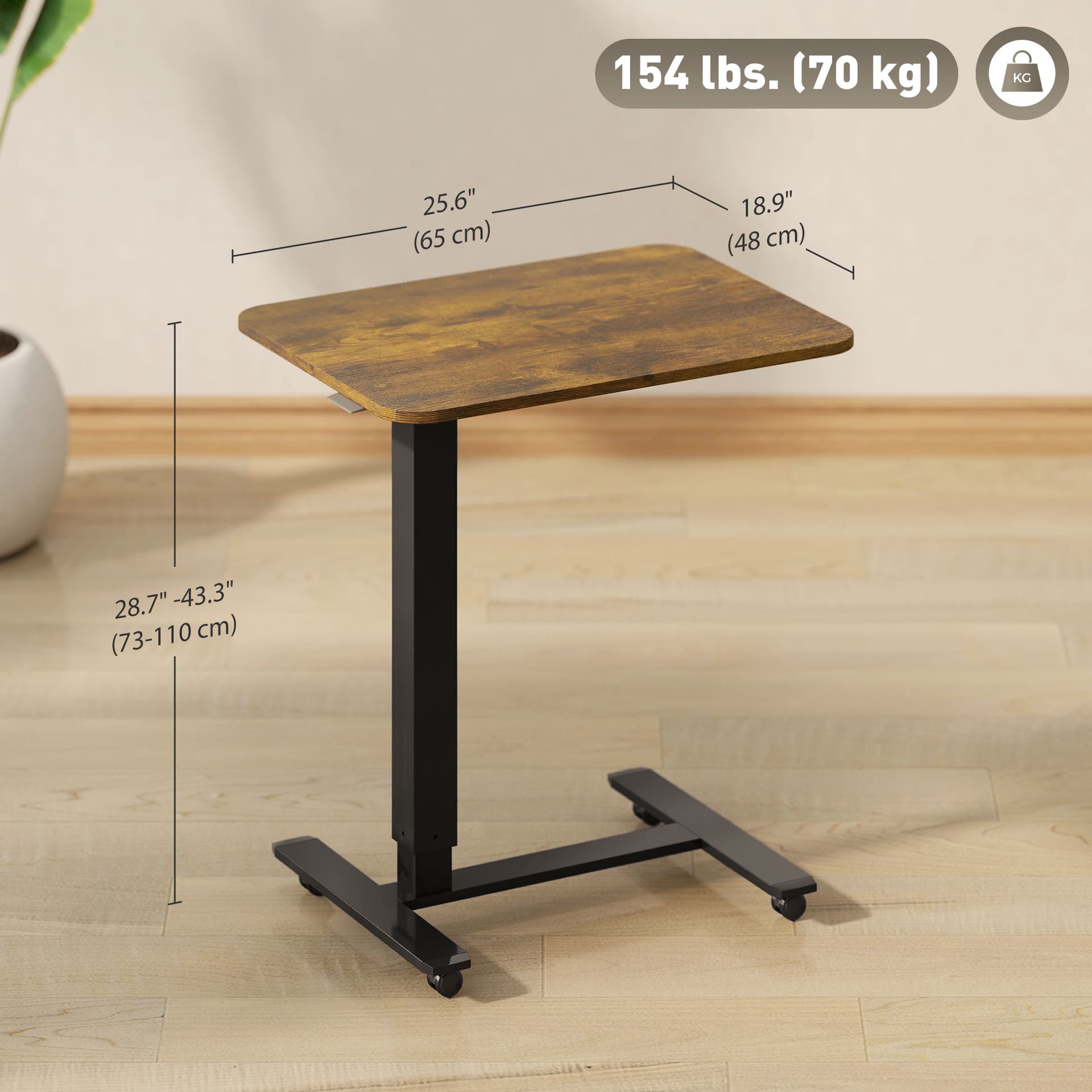 Pneumatic Standing Desk Adjustable Height, Mobile Stand Up Desk with Wheels, 43 Inch Rolling Table, Rustic Brown