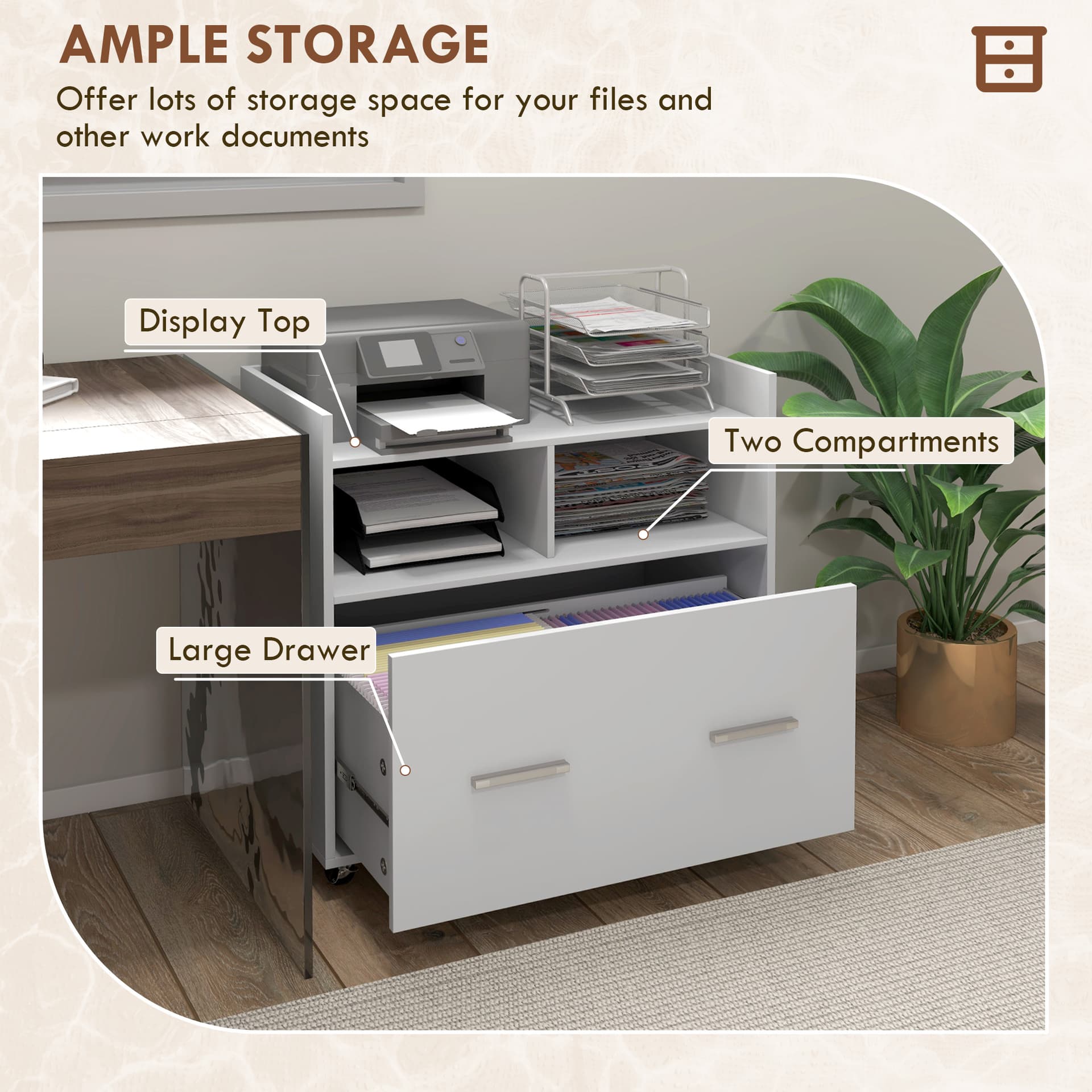 Mobile Filing Cabinet, Rolling File Cabinet with Drawer and Adjustable Hanging Bar for Letter, A4 and Legal Size, White