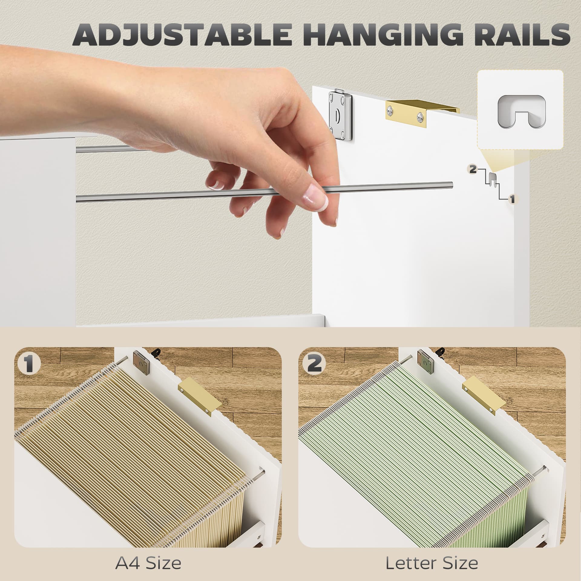 Lockable Filing Cabinet with 4 Fluted Drawers, File Cabinet with Adjustable Hanging Rails for A4 Letter Files, White