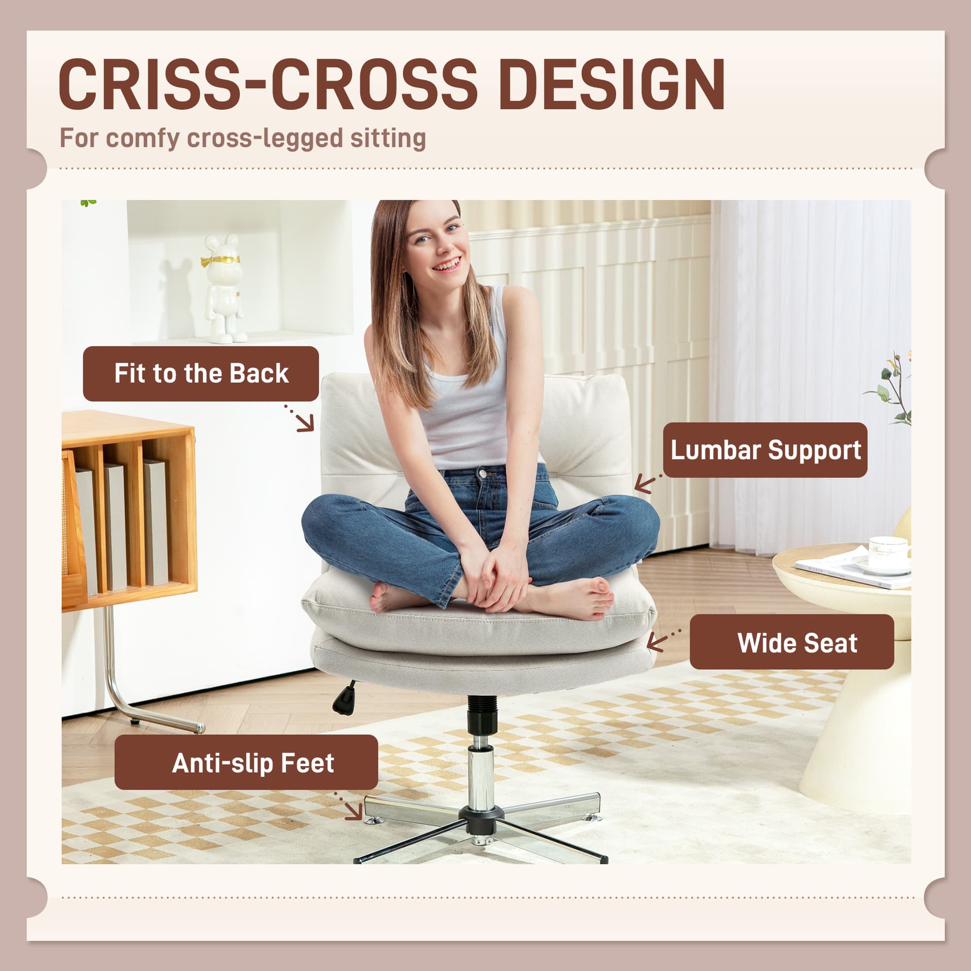 Armless Office Chair, Criss Cross Chair with Adjustable Height & Tilt Function for Home Office, Study, Light Grey