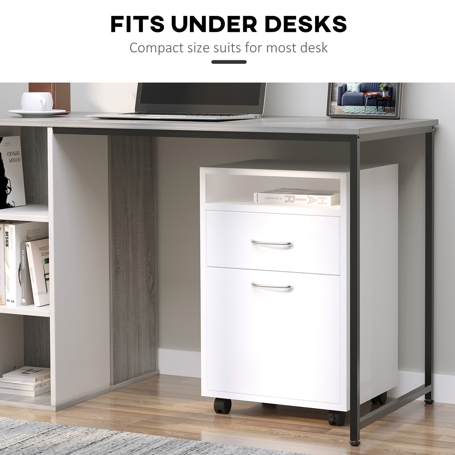 24" Small Filing Cabinet with Open Compartment, Drawer and Wheels, Home Office Storage Cabinet, White
