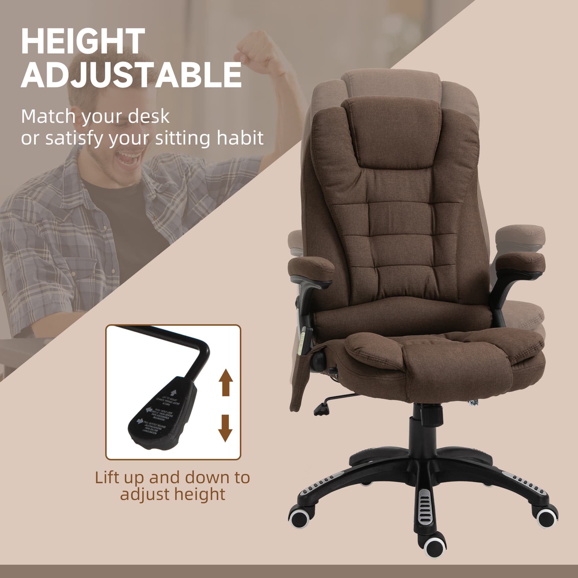 Reclining Massage Office Chair, Executive Office Chair with High Back, Swivel Wheels, Brown