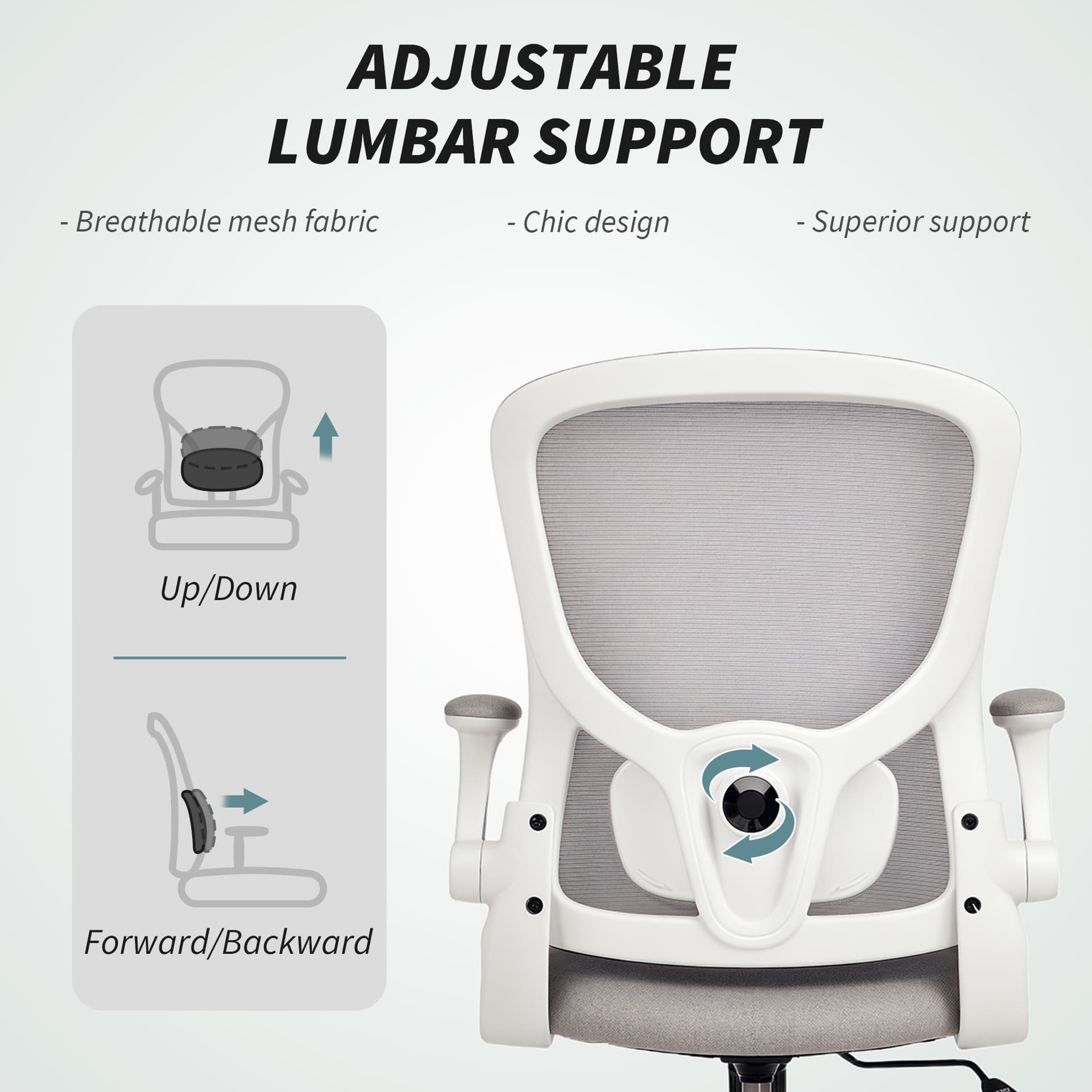 Ergonomic Mesh Office Chair with 4D Lumbar Support, Swivel Desk Chair with Flip-up Armrests, Tilt Function, Grey