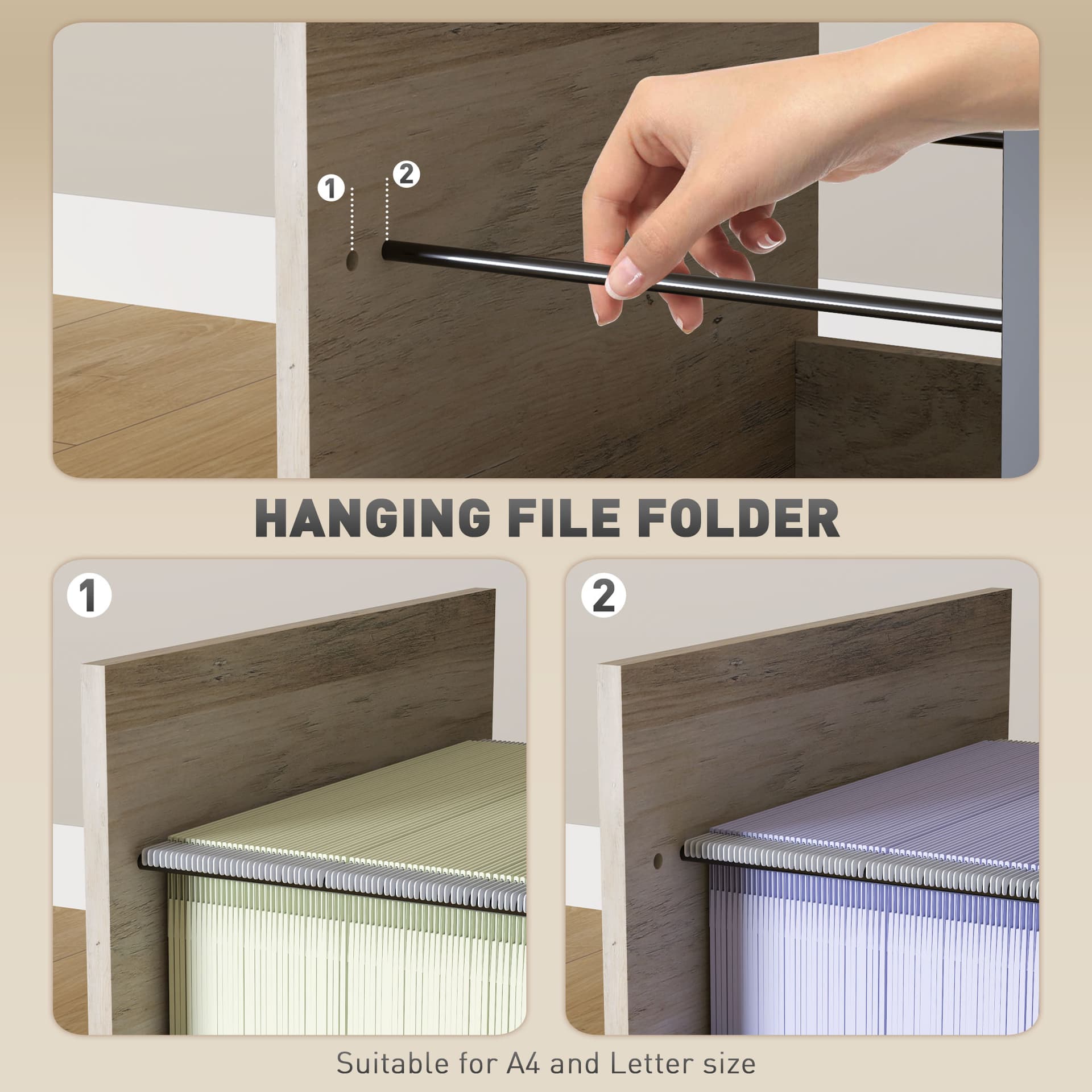 Vertical Filing Cabinet, Tall File Cabinet with 2 Drawers, Hanging Bars for Letter and A4 Size, Distressed Grey