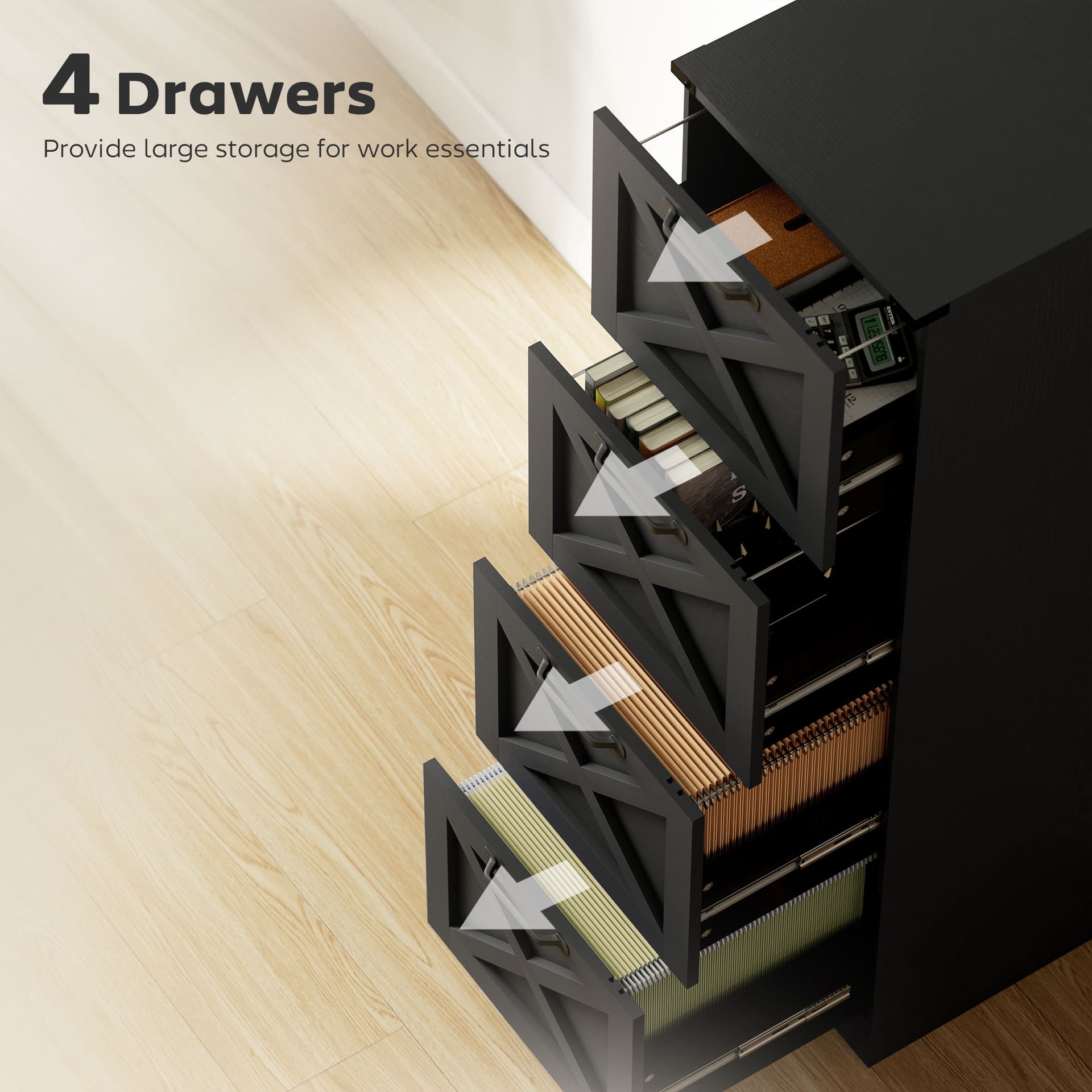 4 Drawer File Cabinet with Silent Slides, Vertical Farmhouse Filing Cabinet Fits Letter/A4 Size Home Office, Black
